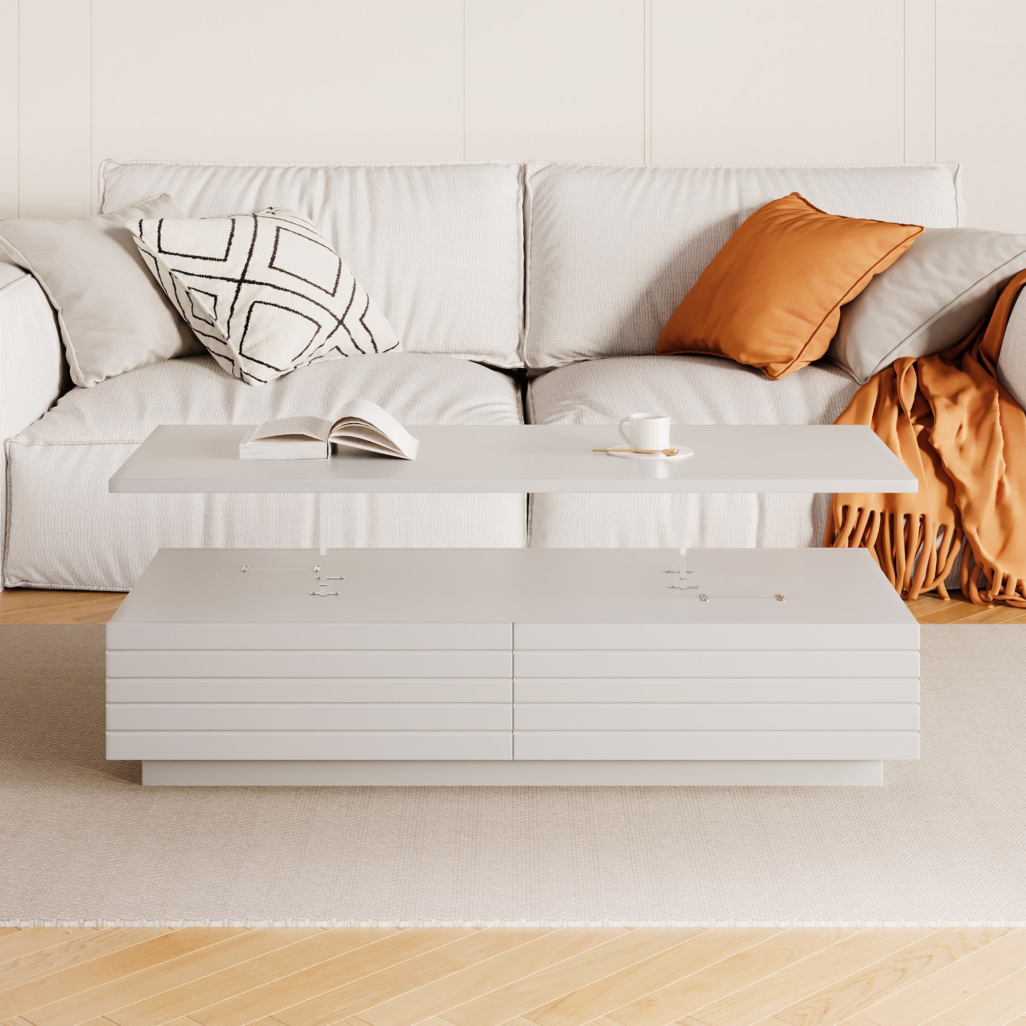 Lirago - 47" Modern Rectangular LED Lights Coffee Table with 2 Storage Drawers Wood Thick Design Open Shelving - White