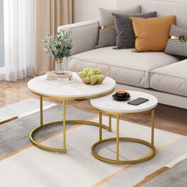 Z-Edge - Modern Coffee Table, Nesting Round Table Set of 2, Side Table with Sturdy Metal Frame for Living Room Bedroom Apartment - White + Gold