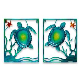 G128 - Sea Turtle Metal Wall Art Set with LED Lights, 16" x 12", Set of 2 - Teal, Blue, Green, Orange