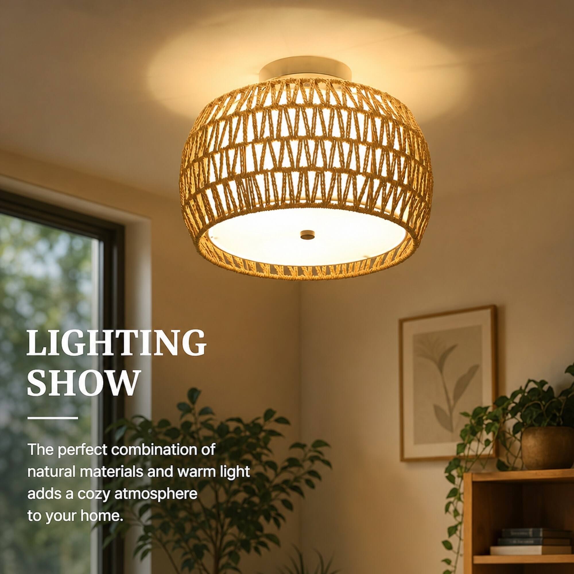 RYHNUYNE Boho Rattan Semi Flush Mount Ceiling Light – 2 in 1 Hand Woven ...