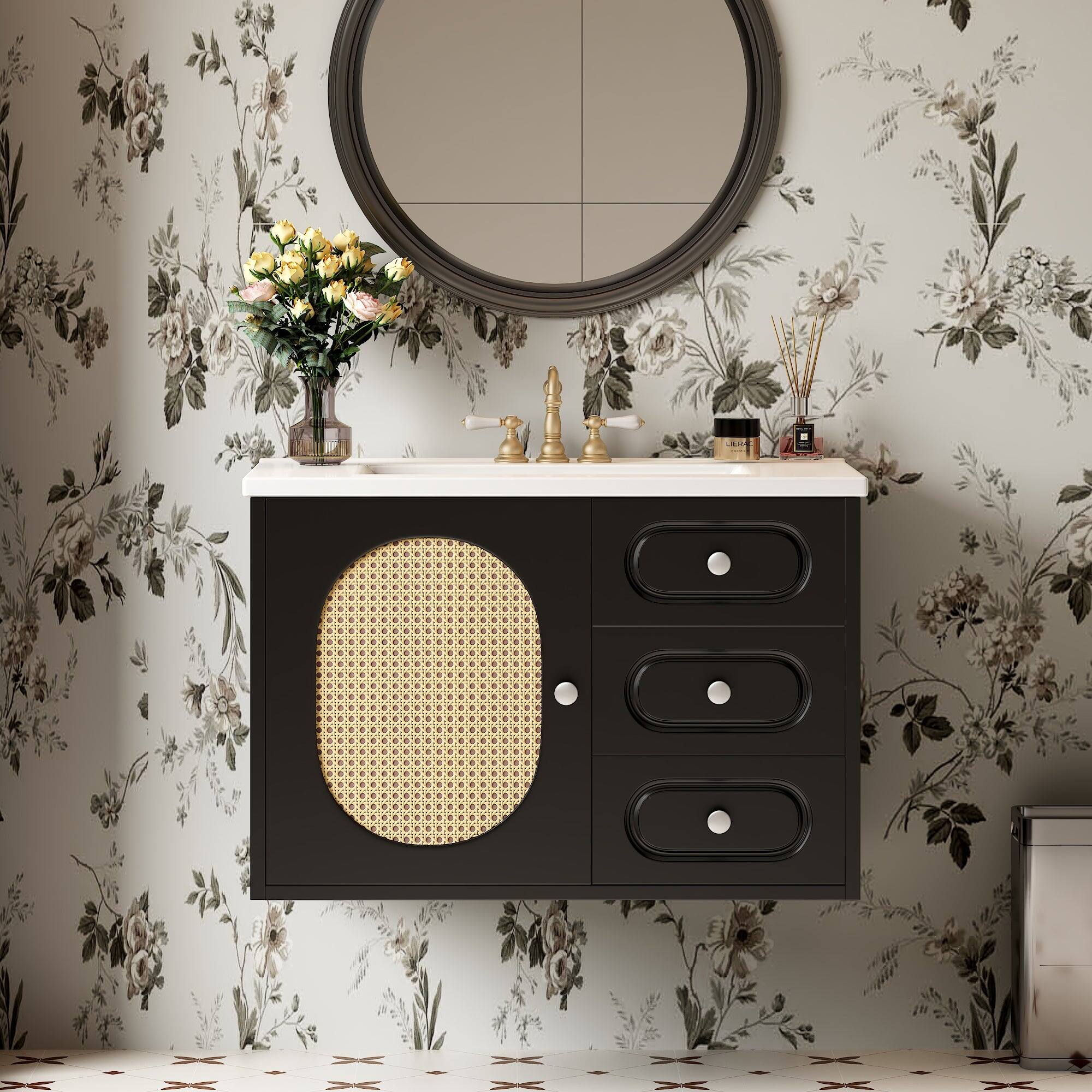 Alt View 4. Boyel Living - 30 Inch Mid Century Bathroom Vanity with Ceramic Sink and Two Drawers Black - Black.