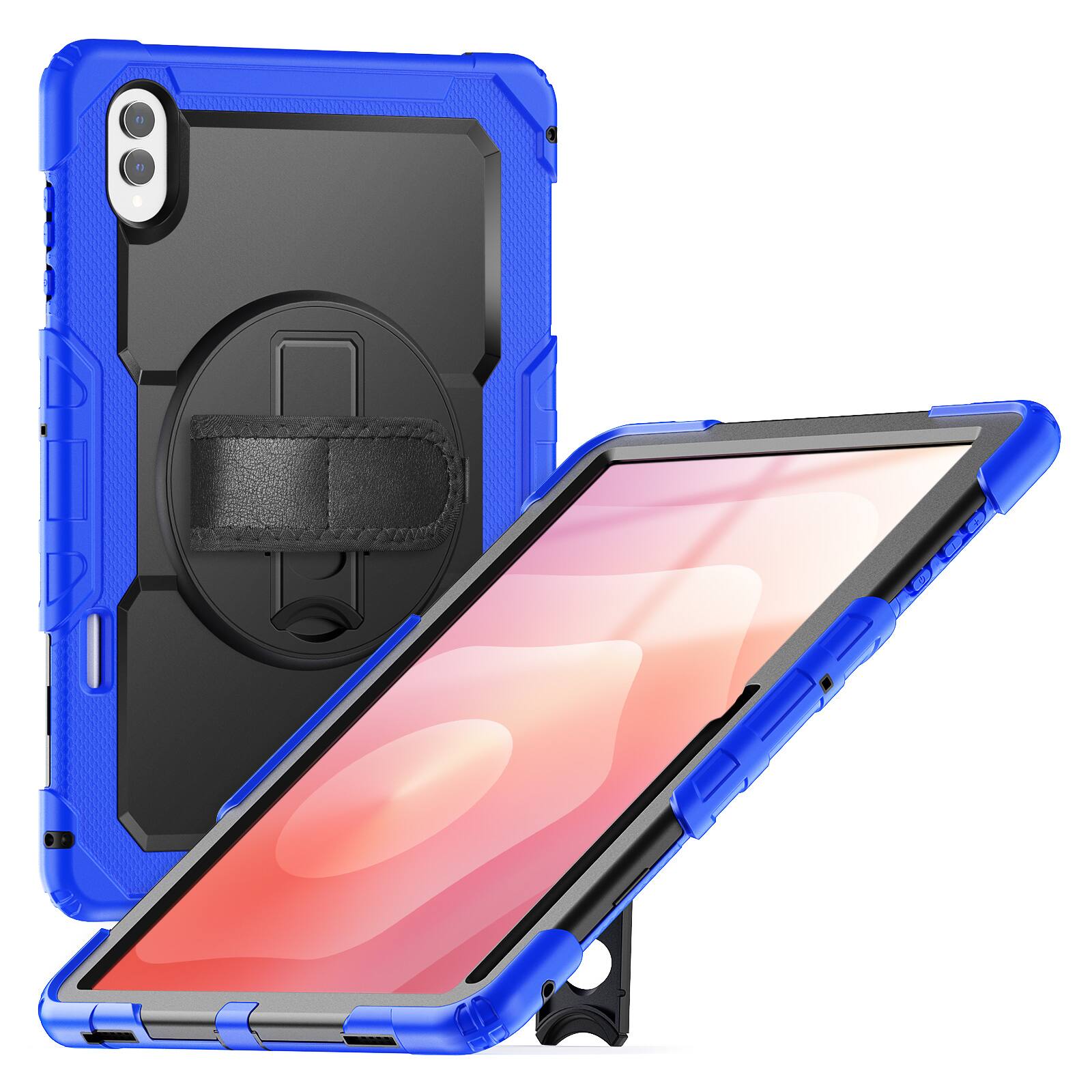 Left. Dteck - For Samsung Galaxy Tab S12 Ultra/S11 Ultra Shockproof Three-Layer Stand Shoulder Strap Case Built-in Screen Protector - Blue.