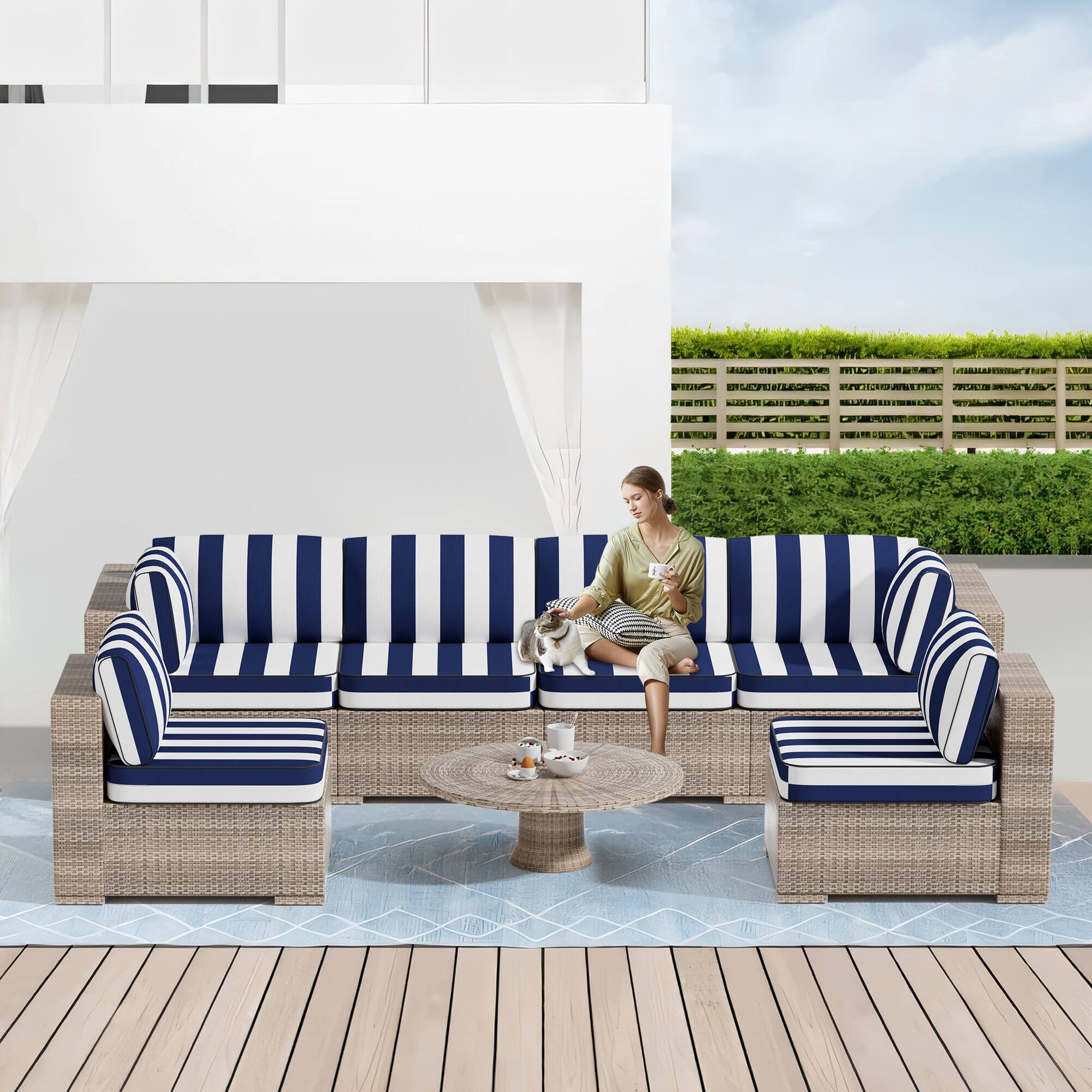 Alt View 3. RYHNUYNE - 14-Piece Outdoor Patio Sofa Cushions, Blue and White Stripes Seat Cushion, Water-Resistant Patio Furniture Cushion - Blue and white stripes.