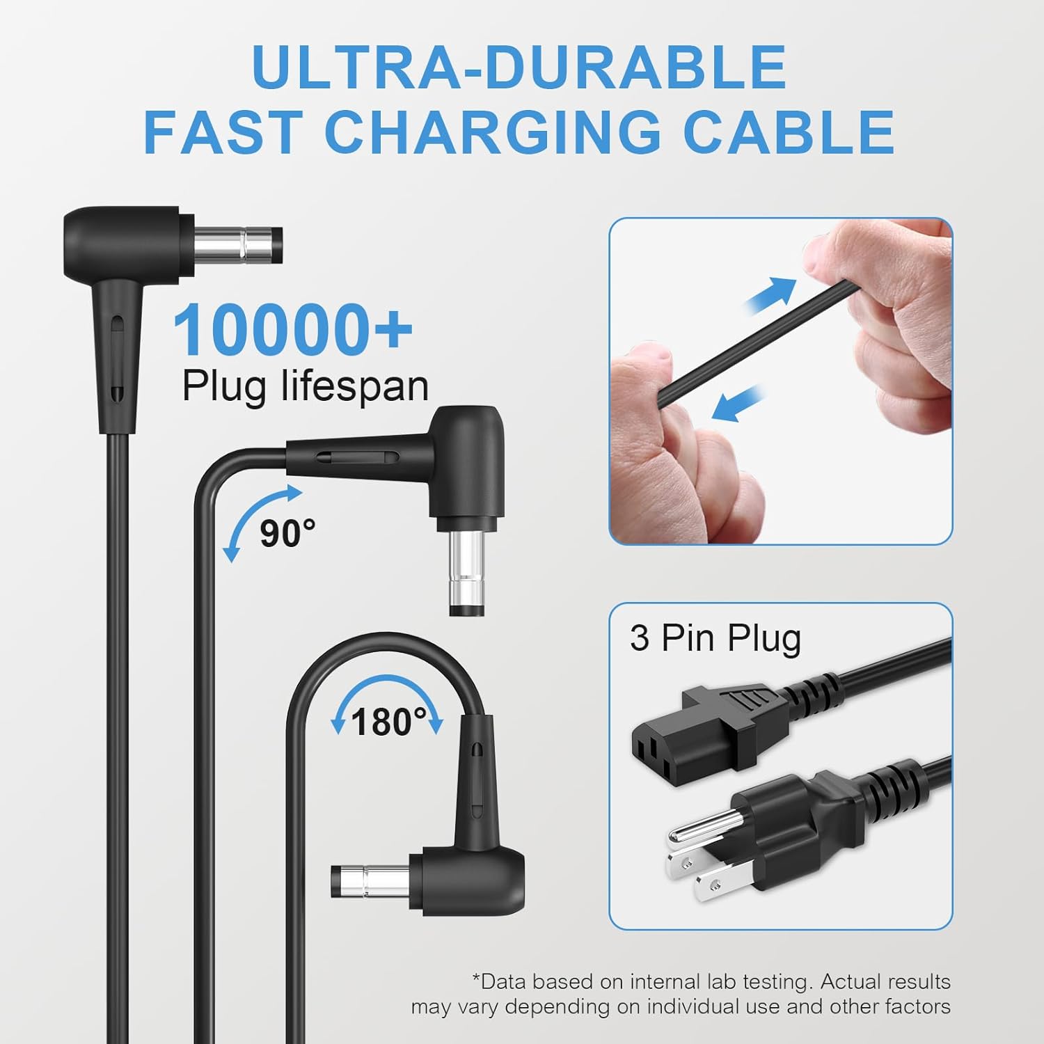 ULTRA-DURABLE FAST CHARGING CABLE

10000+ Plug lifespan

90°

180°

3 Pin Plug

*Data based on internal lab testing. Actual results may vary depending on individual use and other factors