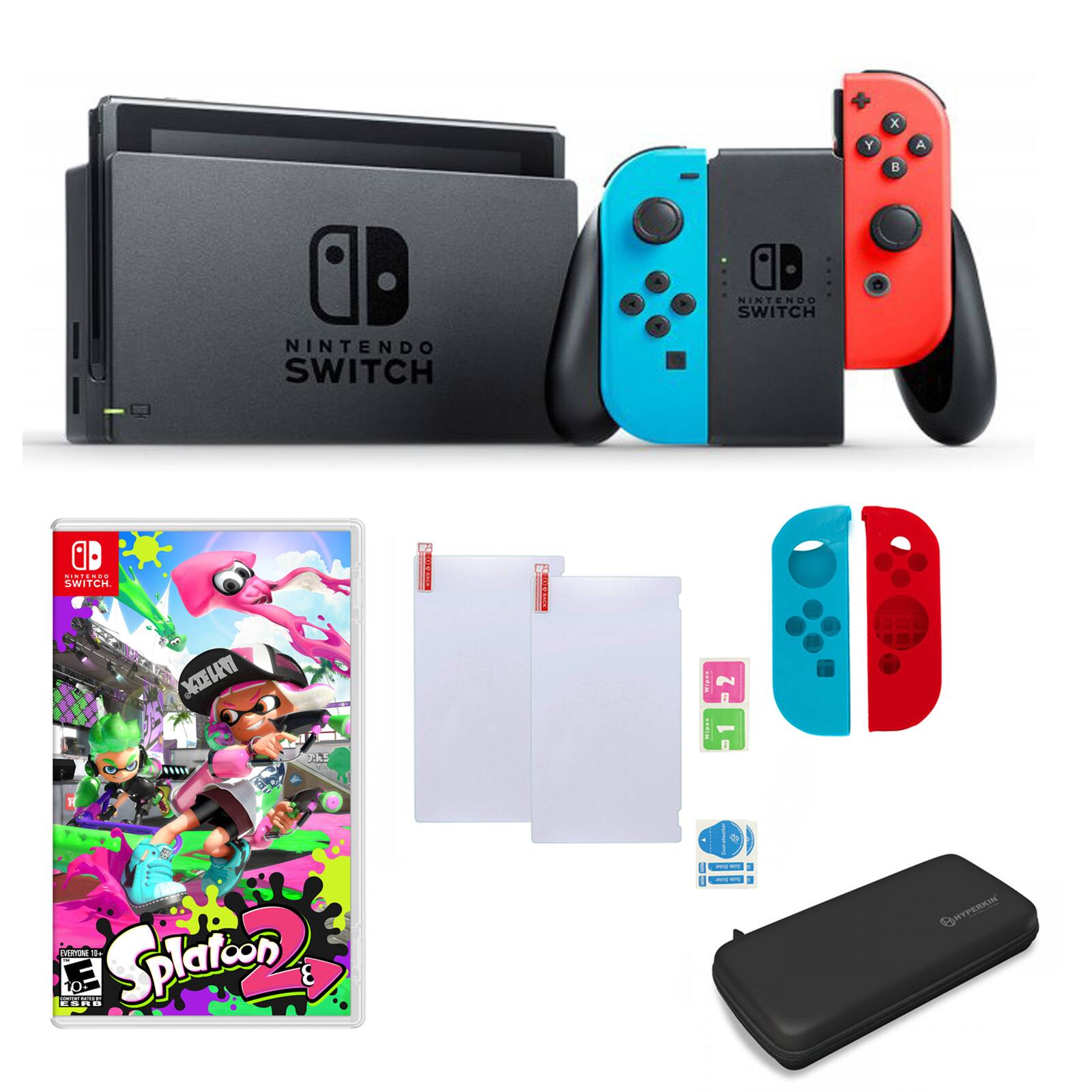 The image features a Nintendo Switch game console, a game cartridge, and a game case. The console is accompanied by a red and blue controller, and there are also two extra controllers. The game cartridge is placed next to the console, and the game case is displayed nearby. The overall scene showcases a gaming setup with the Nintendo Switch as the central component.