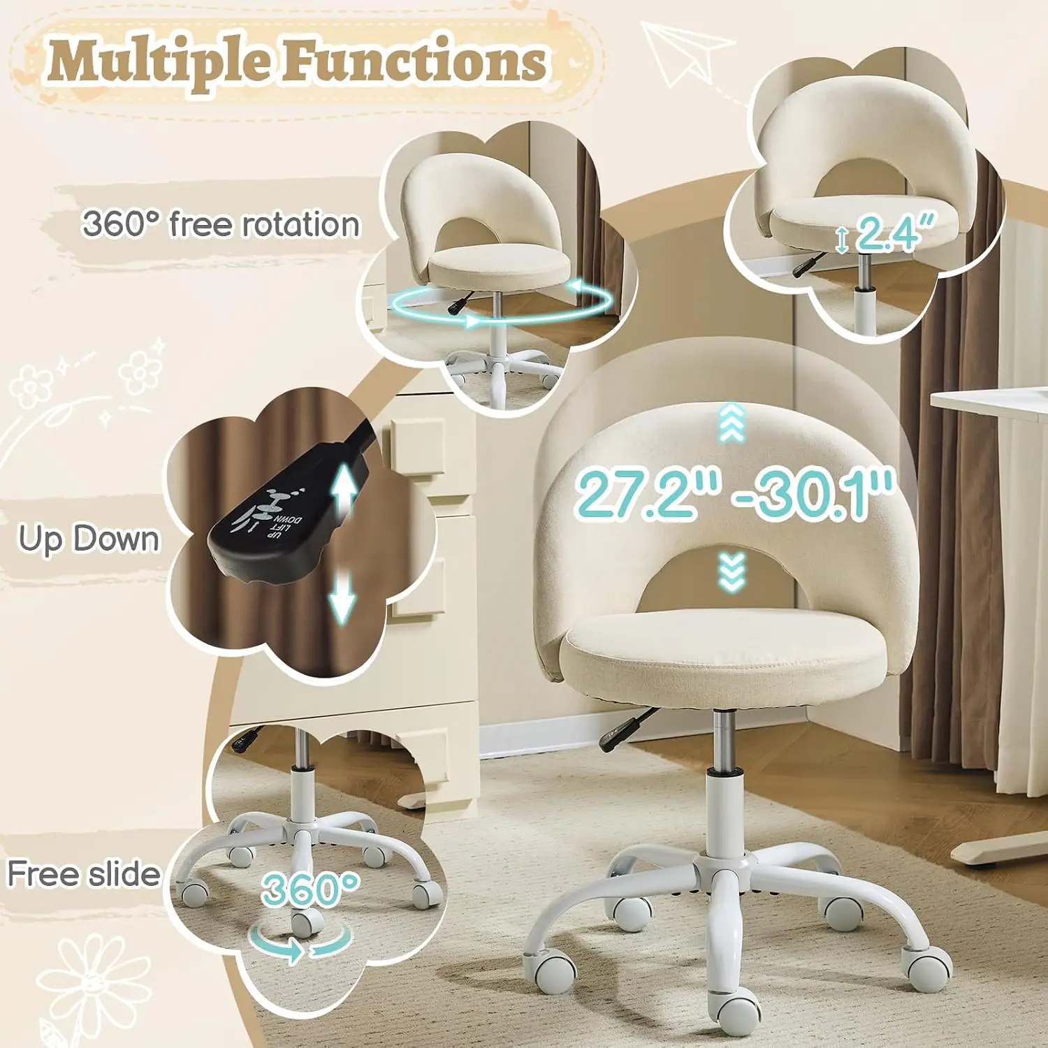 Multiple Functions  
360° free rotation  
2.4" Up Down  
27.2" - 30.1"  
Free slide  
360°