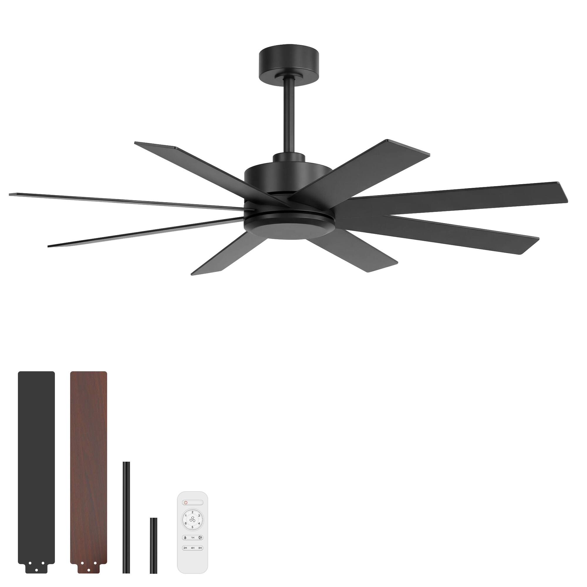 Alt View 8. Breezary - 52-Inch Ceiling Fan without Light, 8 Blades, 6-Speed Remote Control, Downrod Mount, Ultra-Quiet Motor - Black and Walnut.