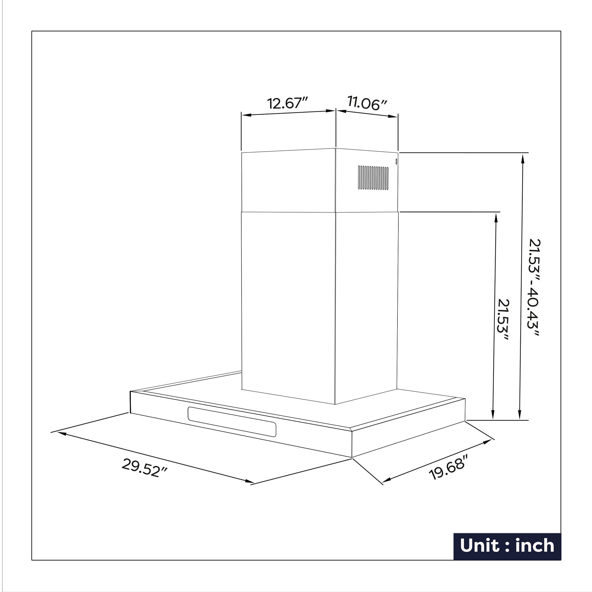 12.67"  
11.06"  
21.53"  
21.53"-40.43"  
29.52"  
19.68"  

Unit: inch