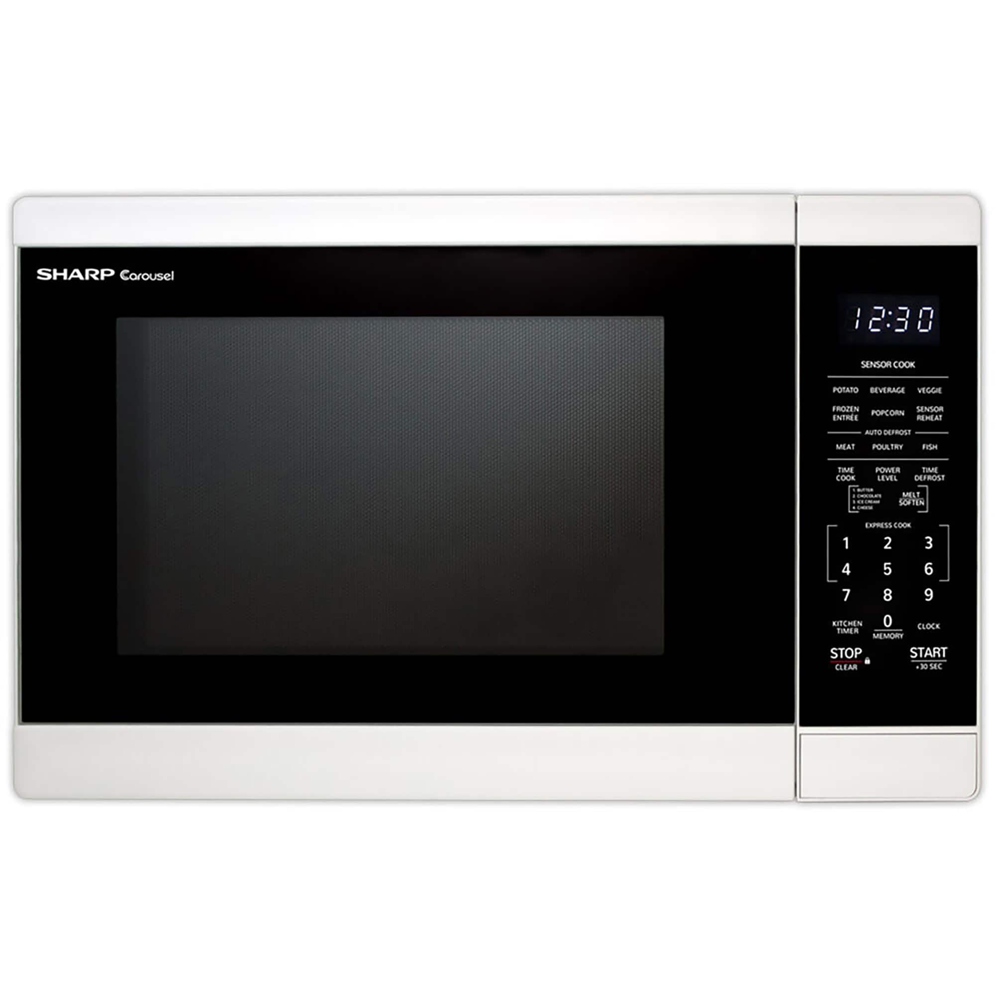 The image features a white Sharp microwave with the time displayed on the screen as 12:30. The microwave is equipped with various buttons, including a sensor cook button and a defrost button. The buttons are arranged in a row, with some of them labeled with numbers, indicating that they may be used for specific cooking times or power levels. The microwave is likely designed for easy use and efficient cooking, making it a convenient appliance for a kitchen setting.