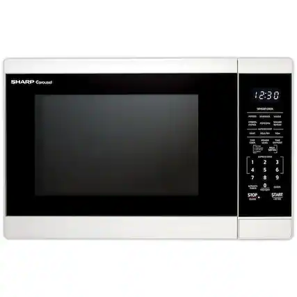 The image features a white Sharp microwave with the time displayed on the screen as 12:30. The microwave is equipped with various buttons, including a sensor cook button and a defrost button. The buttons are arranged in a row, with some of them labeled with numbers, indicating that they may be used for specific cooking times or power levels. The microwave is likely designed for easy use and efficient cooking, making it a convenient appliance for a kitchen setting.