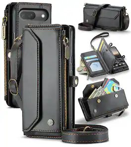 Dteck - Crossbody Wallet Case for Google Pixel 10 Pro with Card Slots and Zipper Pocket, RFID Blocking PU Leather Cover - Black