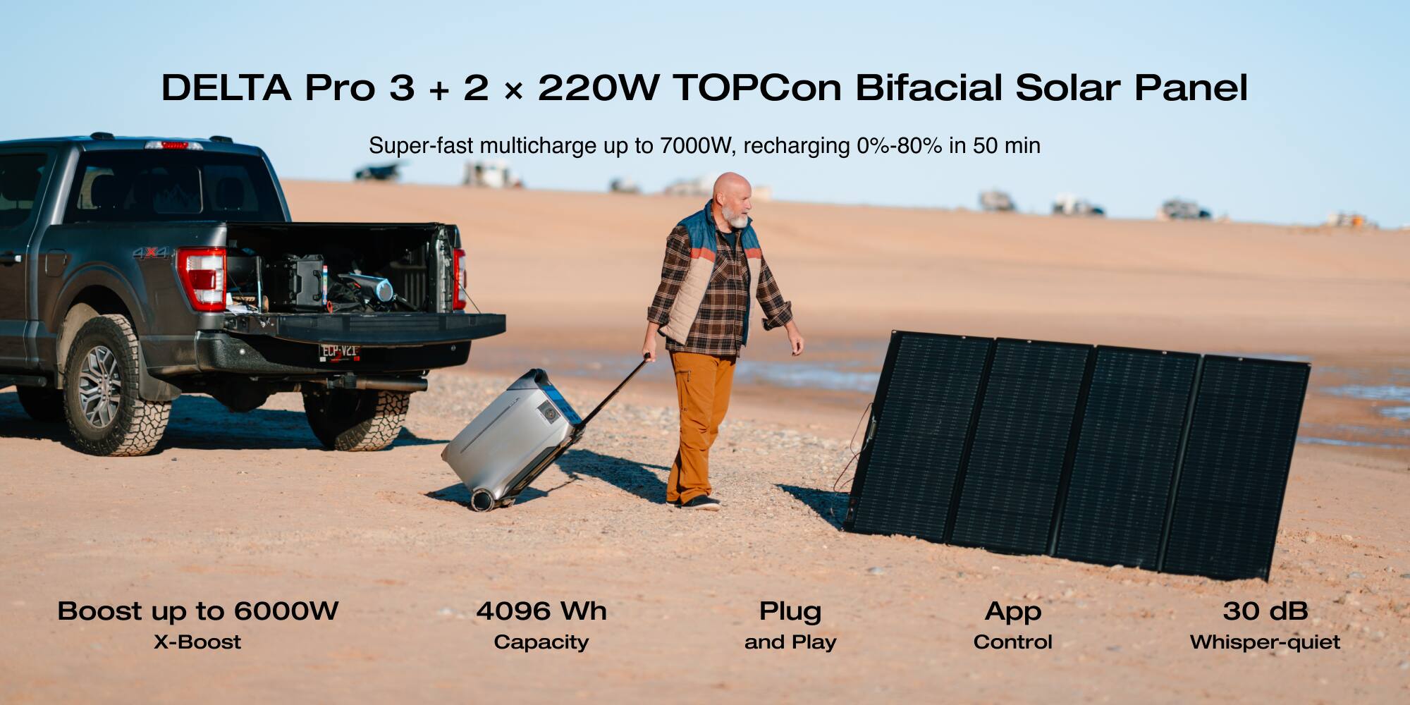 DELTA Pro 3 + 2 X 220W TOPCon Bifacial Solar Panel: Super-fast multicharge up to 7000W, recharging 0%-80% in 50 min. 4X3 ELPANCI Boost up to 6000W X-Boost 4096 Wh Capacity Plug and Play App Control 30 dB Whisper-quiet.