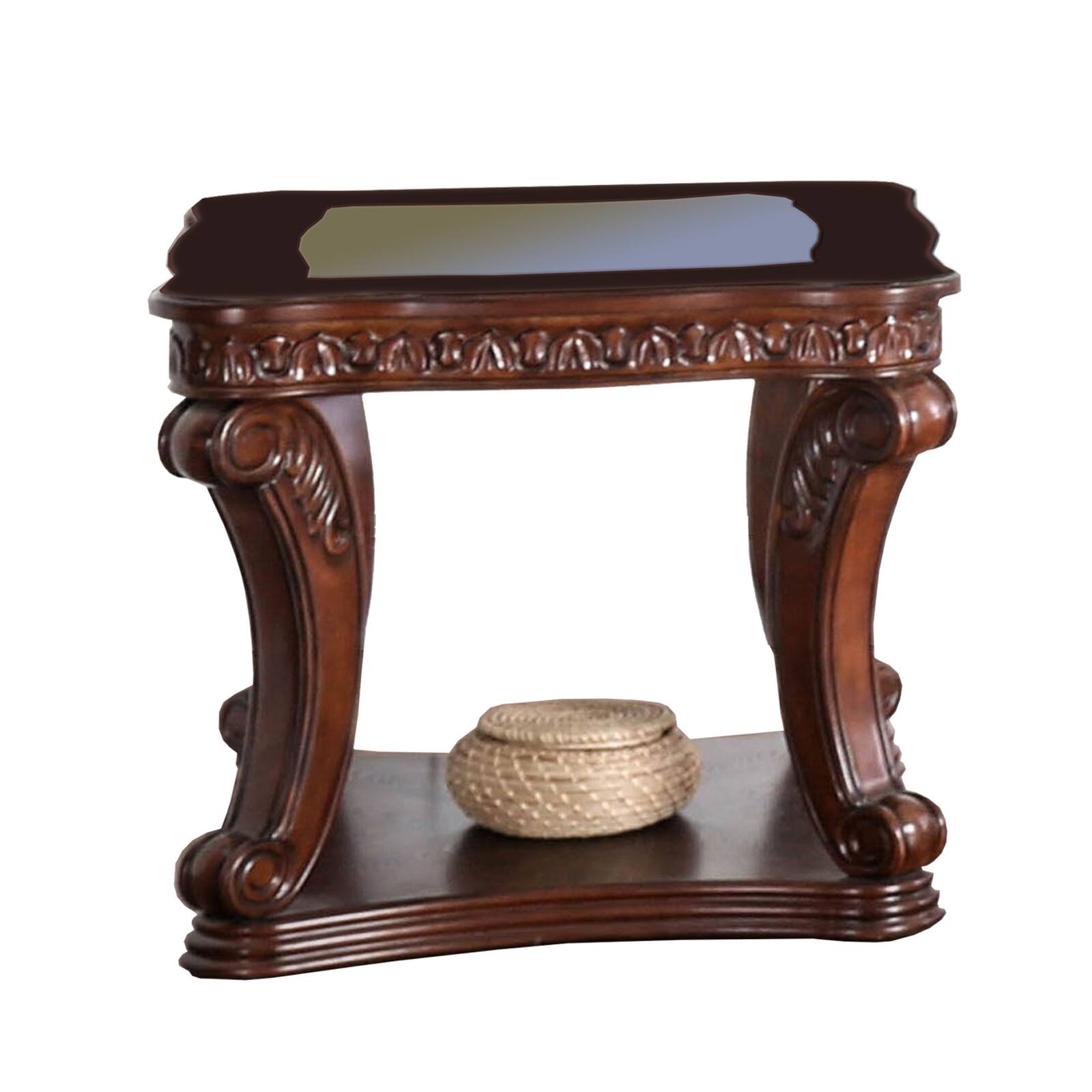 Front. Manhattan Lane - Traditional End Table with Cabriole Legs and Wooden Carving - Brown.