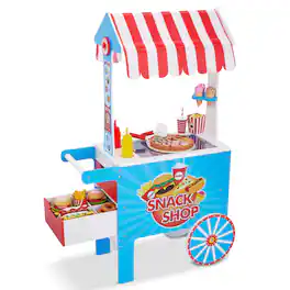 Lil' Jumbl - Wooden Snack Cart Playset, Kids Play Pretend Hot Dog Stand Push Cart w/ 125+ Accessories - Colorful