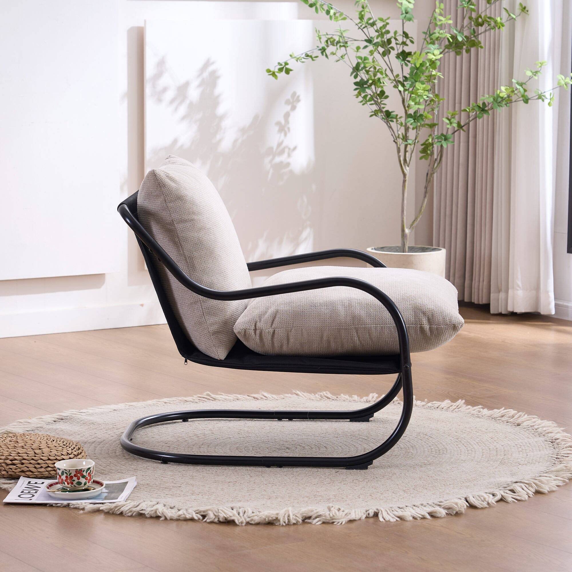 Angle. FERPIT - FERPIT Modern Curved Accent Chair with Faux Linen Upholstery, Comfy Lounge Chair with Metal Frame & Cushions, Beige - Beige.