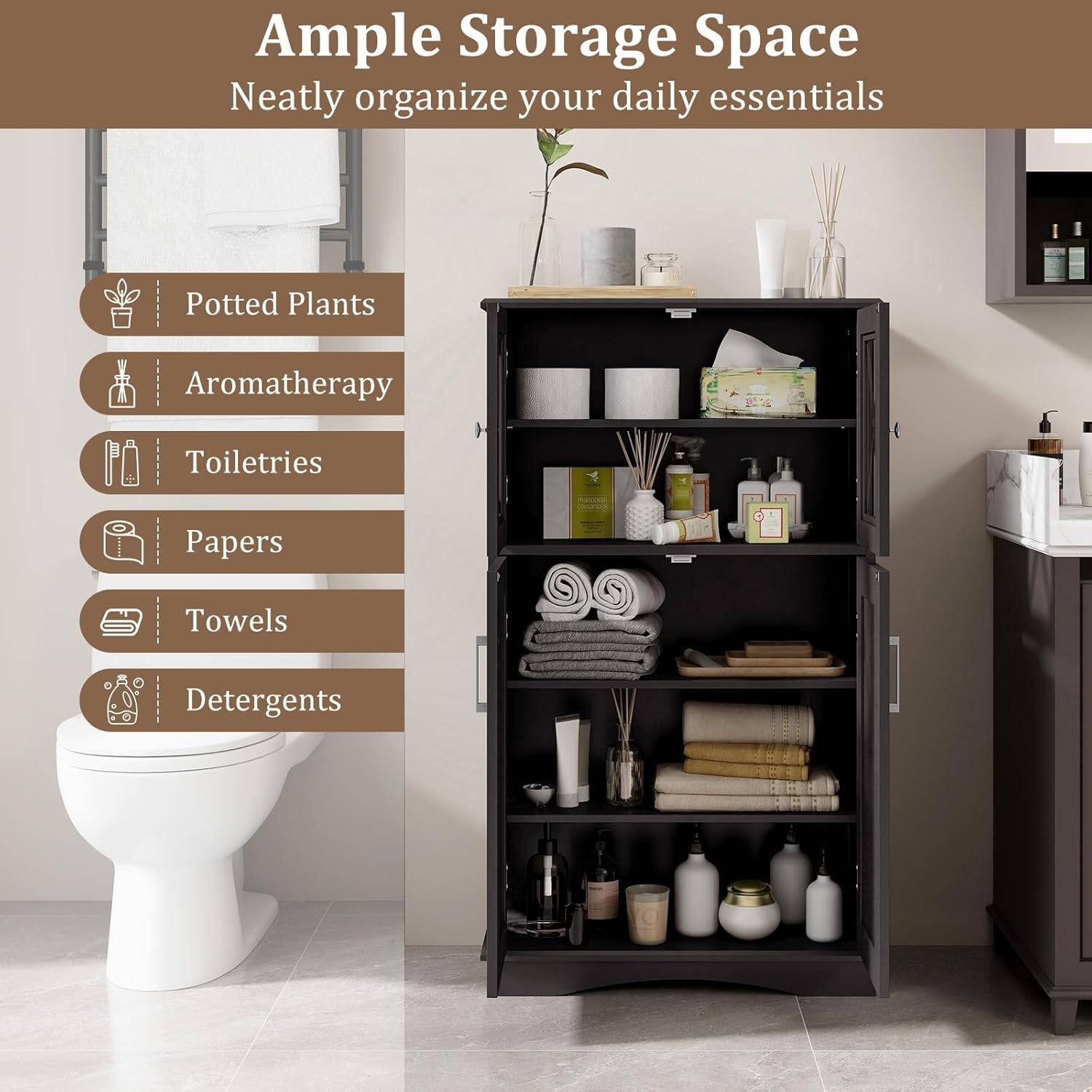 Ample Storage Space  
Neatly organize your daily essentials  

- Potted Plants  
- Aromatherapy  
- Toiletries  
- Papers  
- Towels  
- Detergents