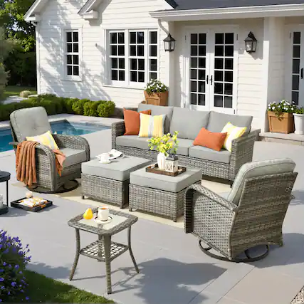 Front. Ovios - 6 PCS Patio Furniture Set, 3 Seat Cushioned Sofa, Swivel Chairs with Ottoman & Side Table - Dark Grey.