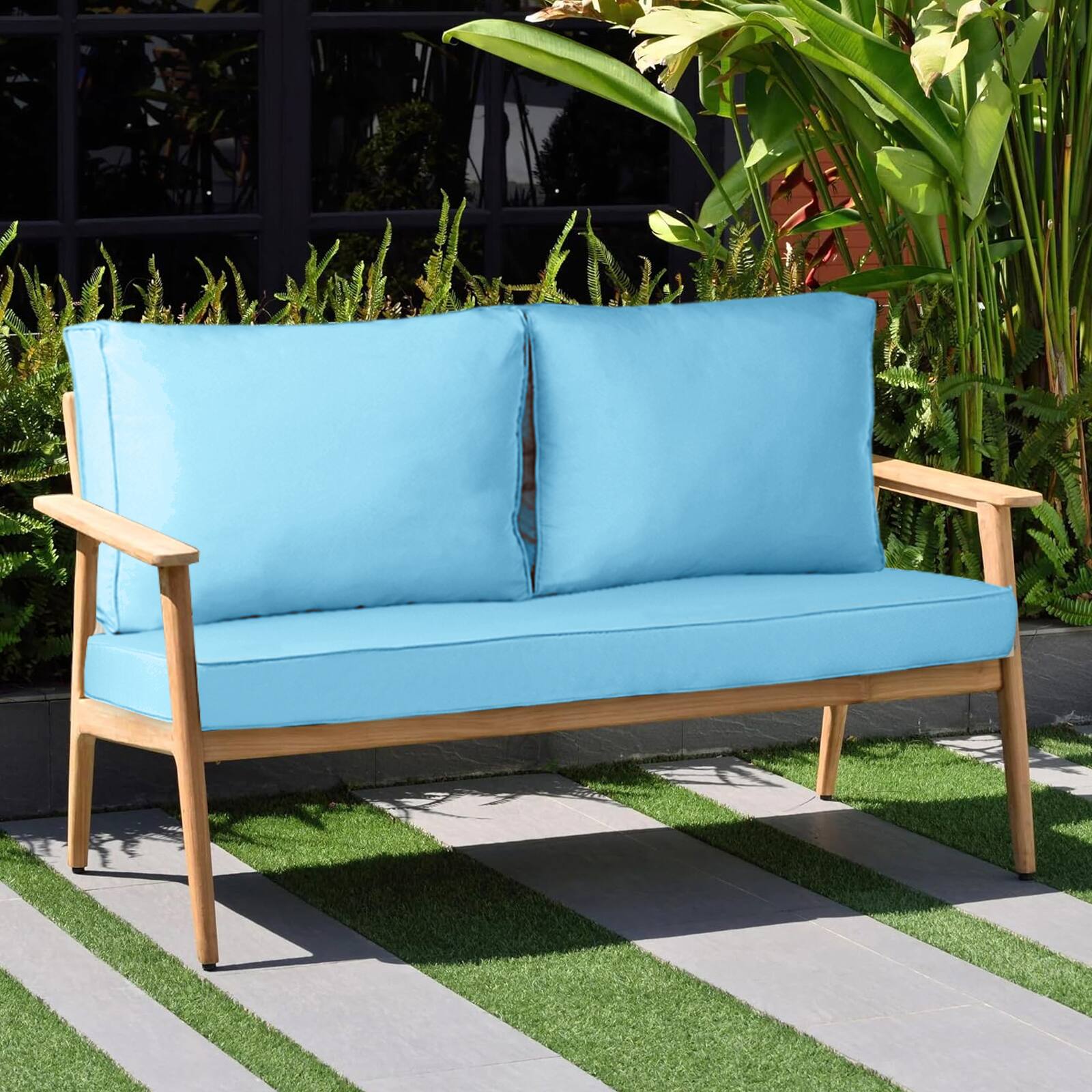 Alt View 1. Chateau Abodes - 48"x24" Outdoor Loveseat Cushion Set, Waterproof with Removable Cover, Straps & Zipper for Patio Chair, Sofa & Couch - Sky Blue.