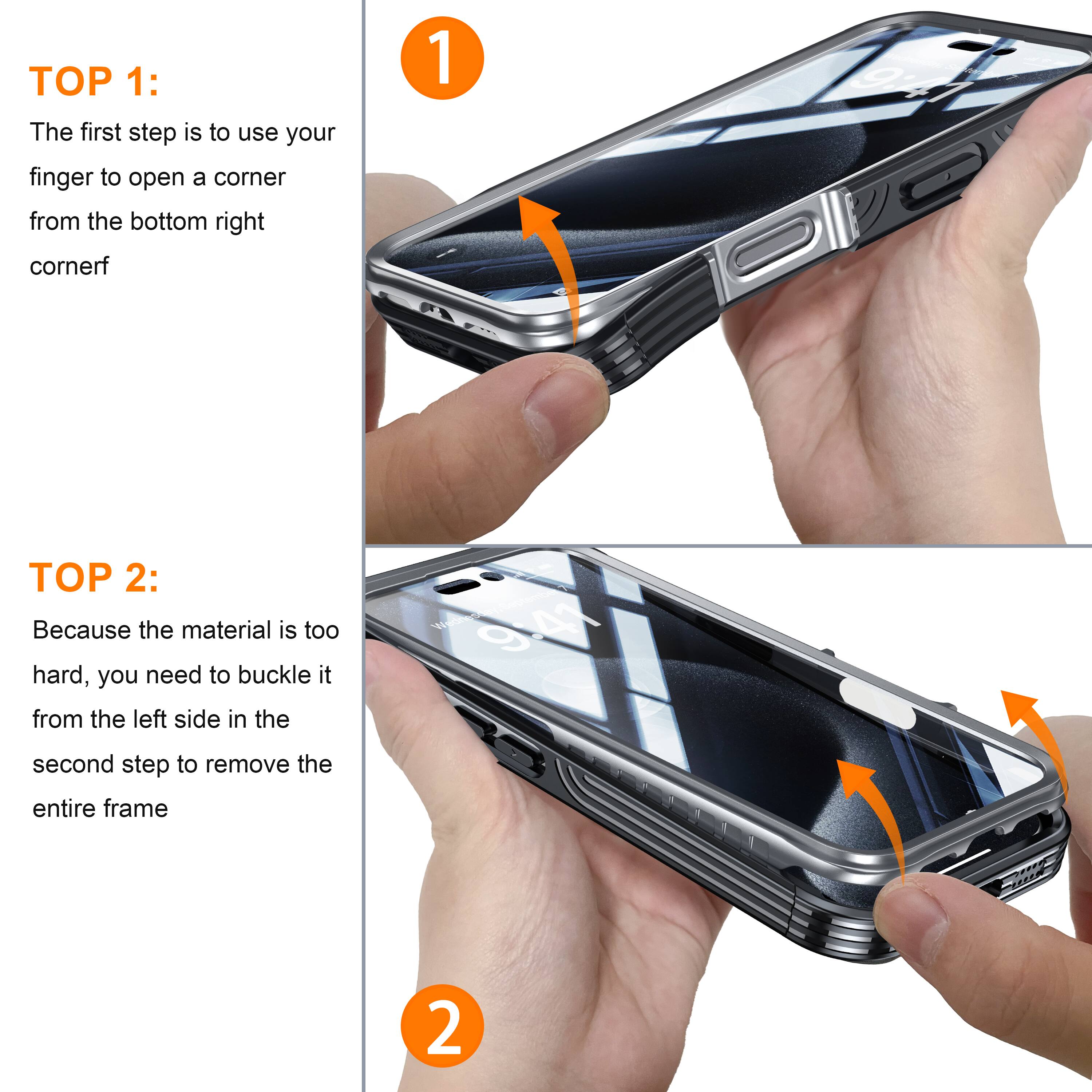 TOP 1: The first step is to use your finger to open a corner from the bottom right corner

TOP 2: Because the material is too hard, you need to buckle it from the left side in the second step to remove the entire frame