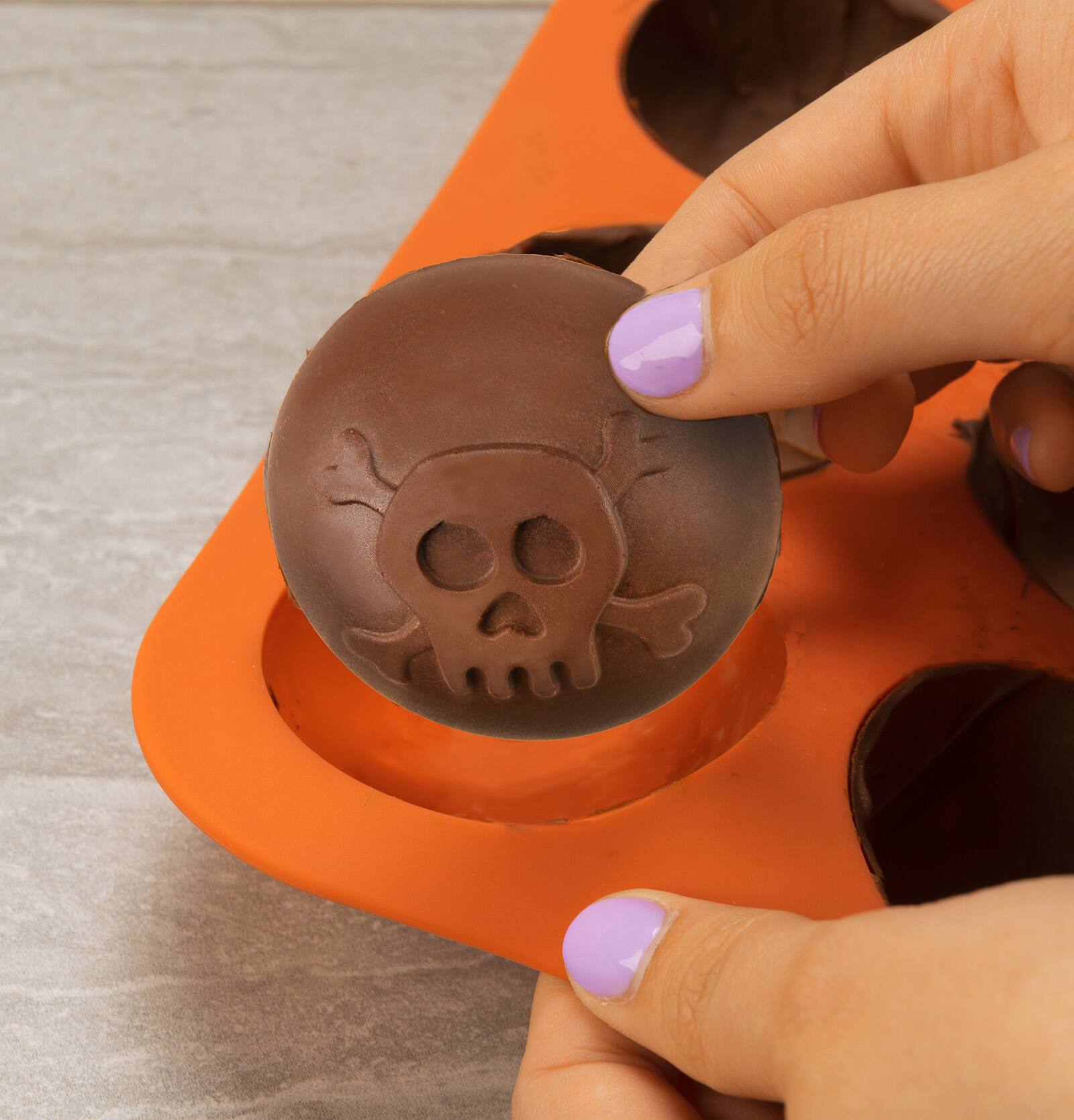 Alt View 3. MOBI - Hot Chocolate Silicone Cocoa Bombs Molds, Halloween Skull - Orange.