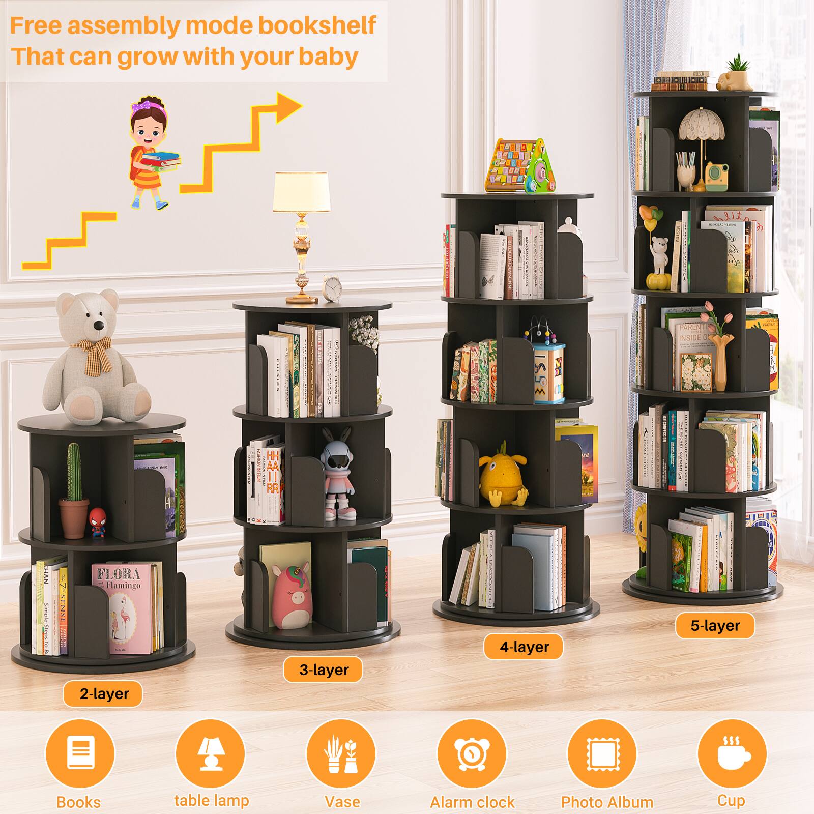 Free assembly mode bookshelf  
That can grow with your baby  

2-layer  
3-layer  
4-layer  
5-layer  

Books  
table lamp  
Vase  
Alarm clock  
Photo Album  
Cup