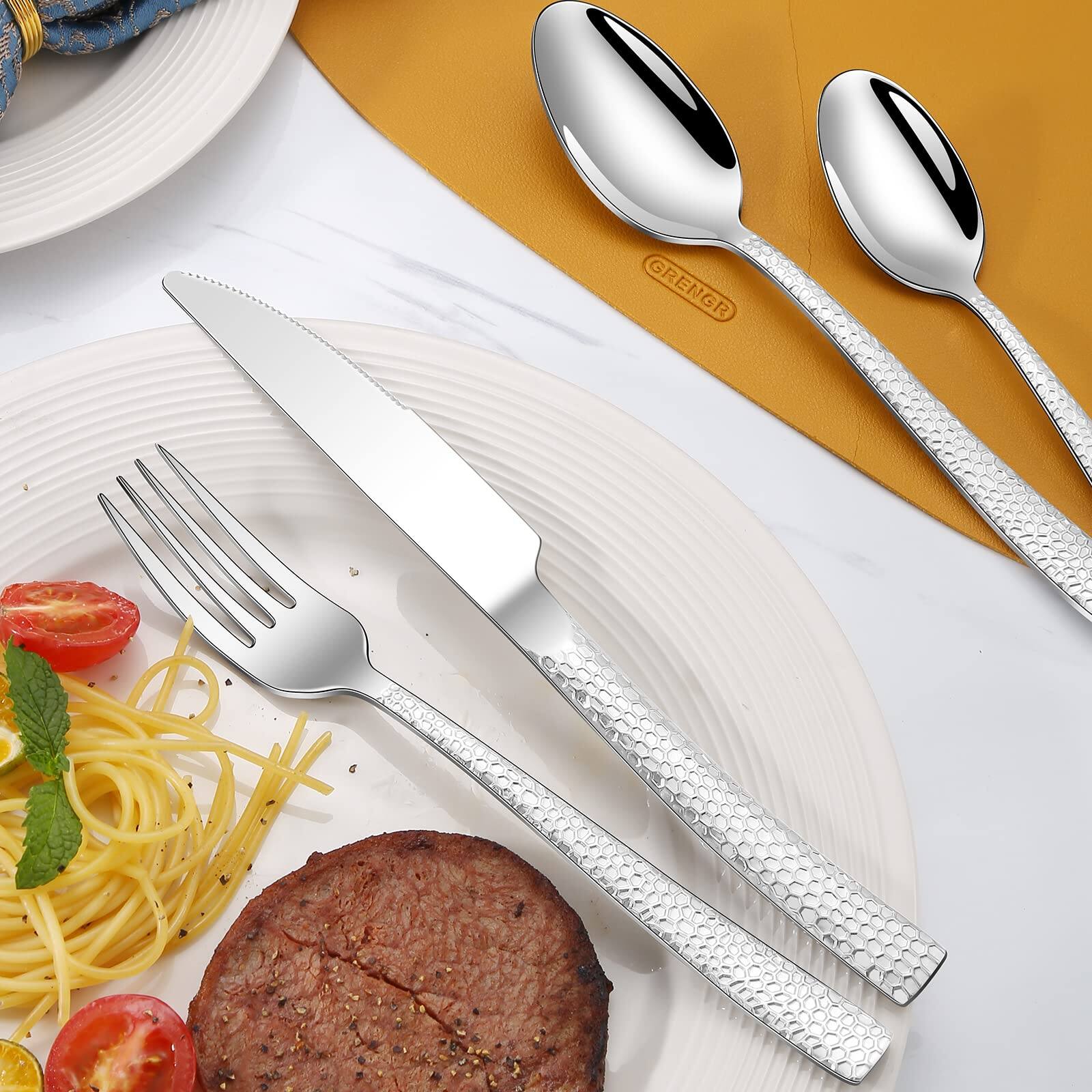 Back. Dazzed Corner - 20-Piece Silverware Set, Silver Hammered Stainless Steel Flatware for 4 - NYR6HLK.