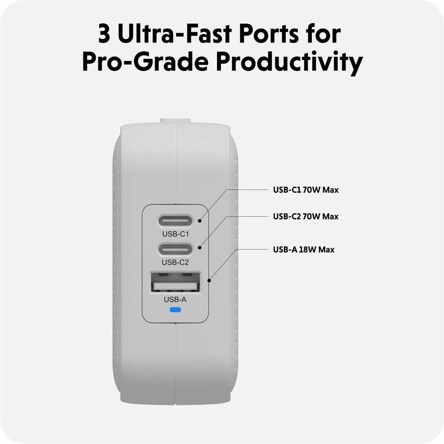 3 Ultra-Fast Ports for Pro-Grade Productivity

- USB-C1: 70W Max
- USB-C2: 70W Max
- USB-A: 18W Max