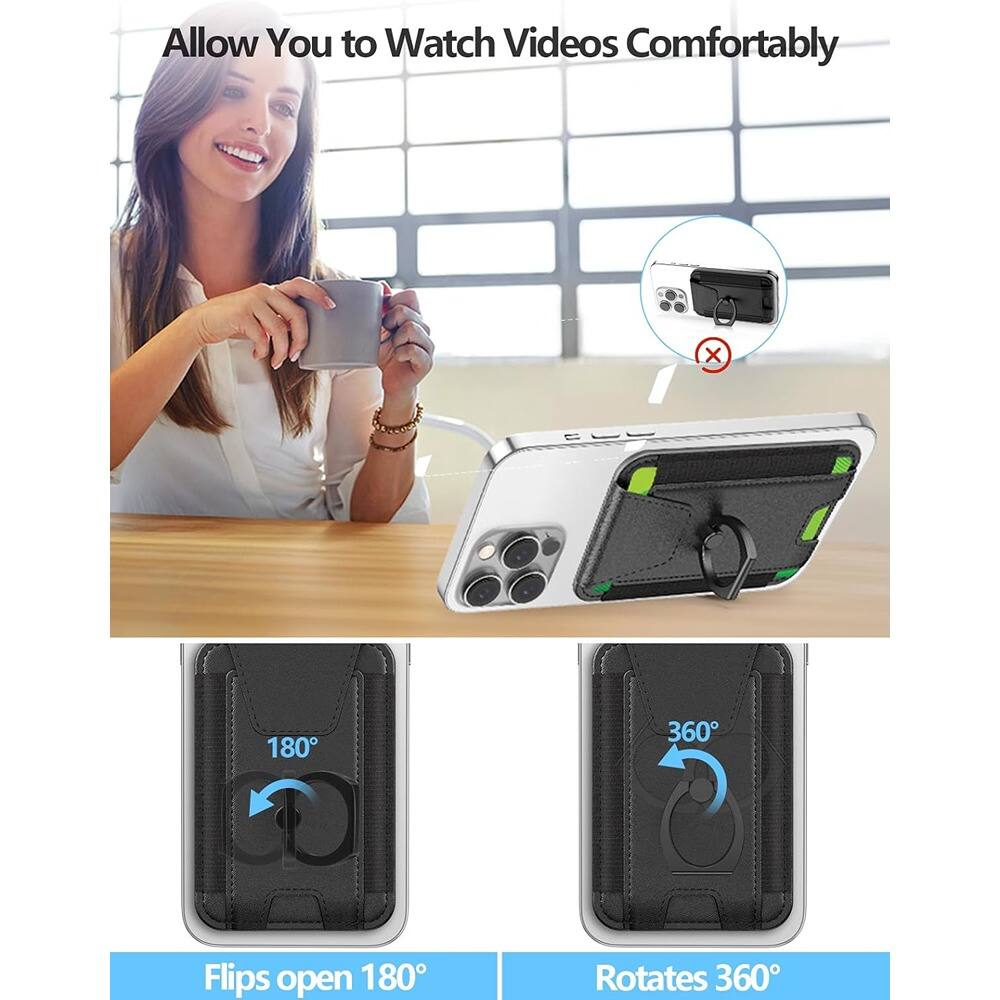 Left. PARKER SLATER - MagSafe Leather Wallet with 6-Card Holder for iPhone 17–12 (Black) - Black+Phone Grip.