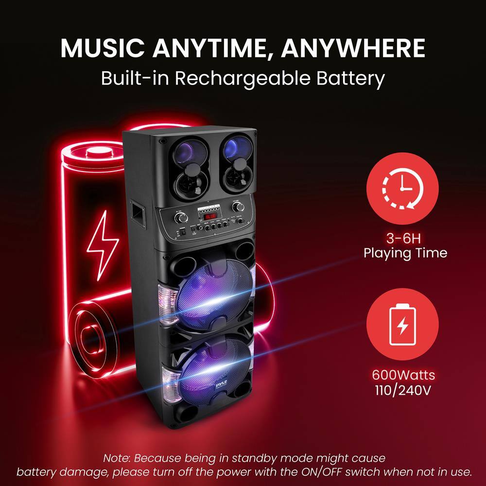 MUSIC ANYTIME, ANYWHERE  
Built-in Rechargeable Battery  

3-6H Playing Time  

600Watts 110/240V  

Note: Because being in standby mode might cause battery damage, please turn off the power with the ON/OFF switch when not in use.