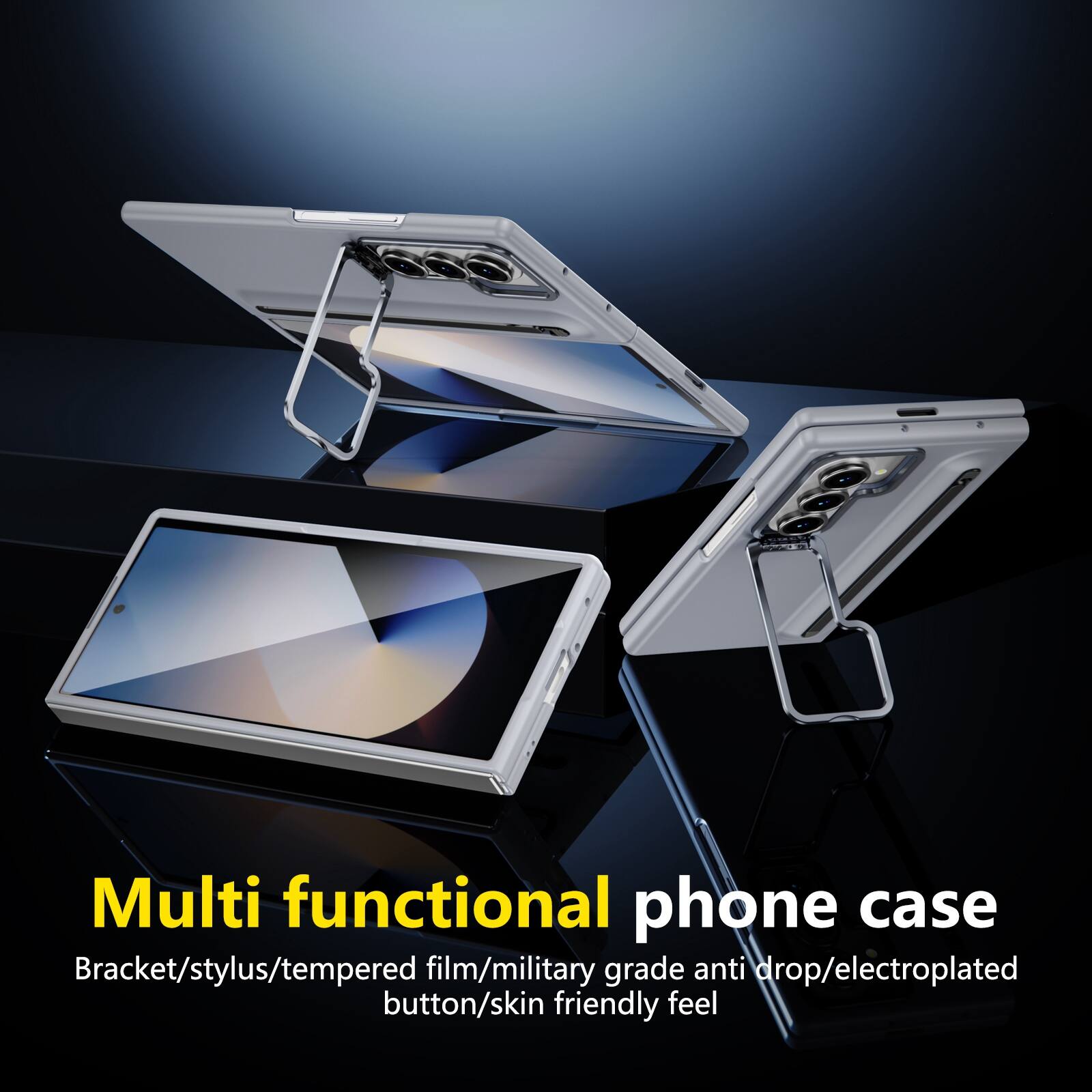 Multi functional phone case  
Bracket/stylus/tempered film/military grade anti drop/electroplated button/skin friendly feel