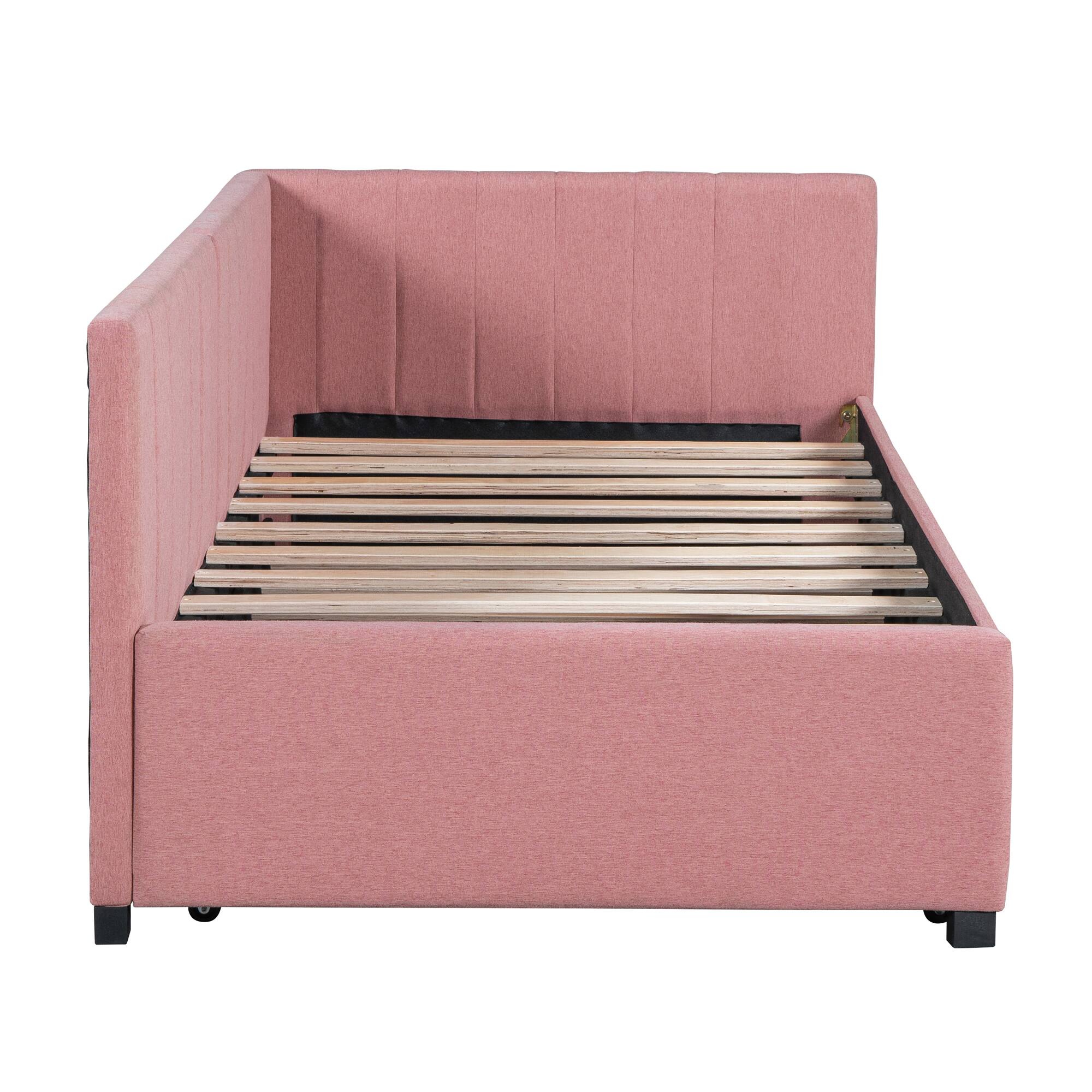 Alt View 1. Tiramisubest - Upholstered Daybed with Trundle Twin Size Sofa Bed Frame No Box Spring Needed, Linen Fabric(Pink) - Pink.