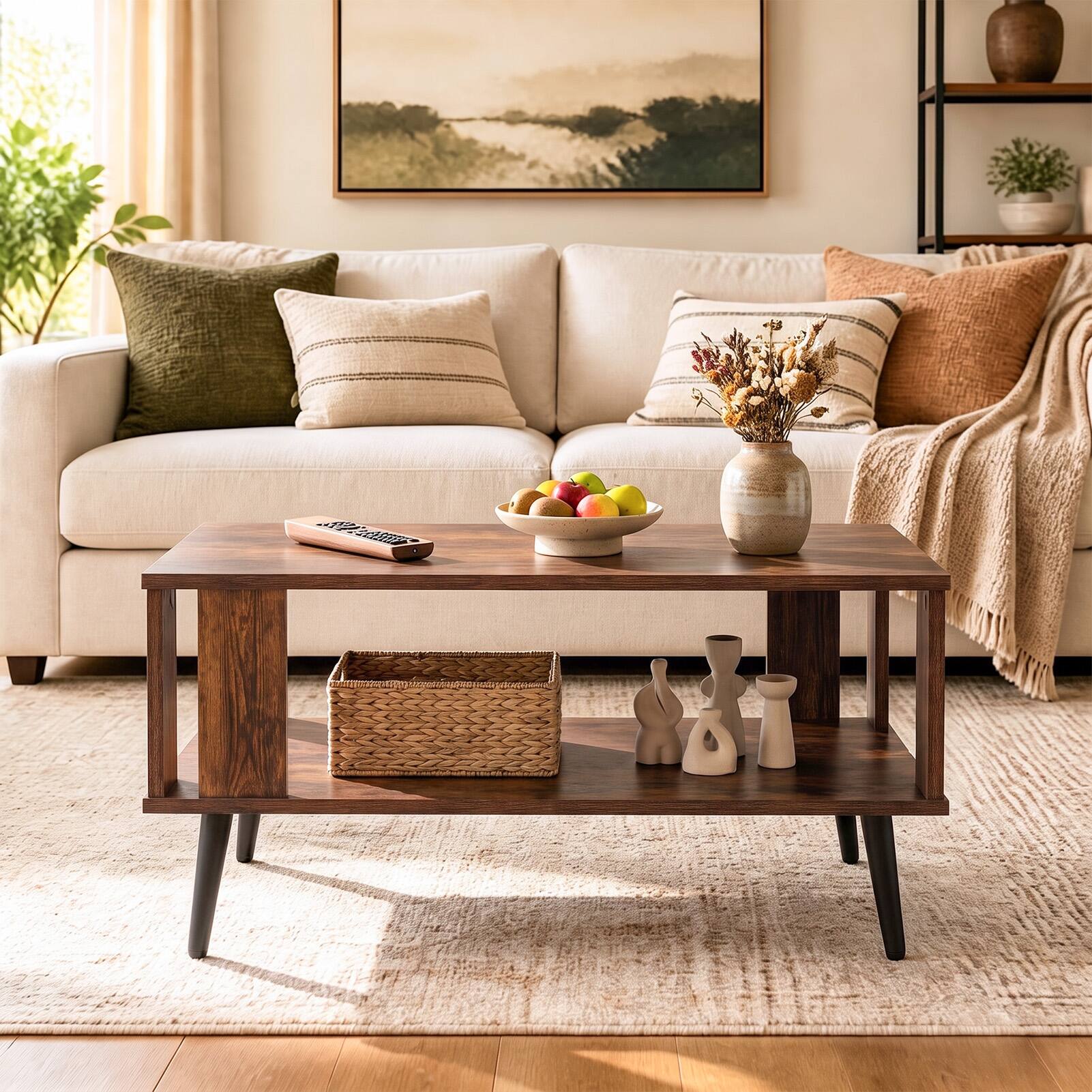 Alt View 5. Costway - Industrial 2-Tier Wooden Coffee Table with Storage Shelf - Rustic Brown, Black.