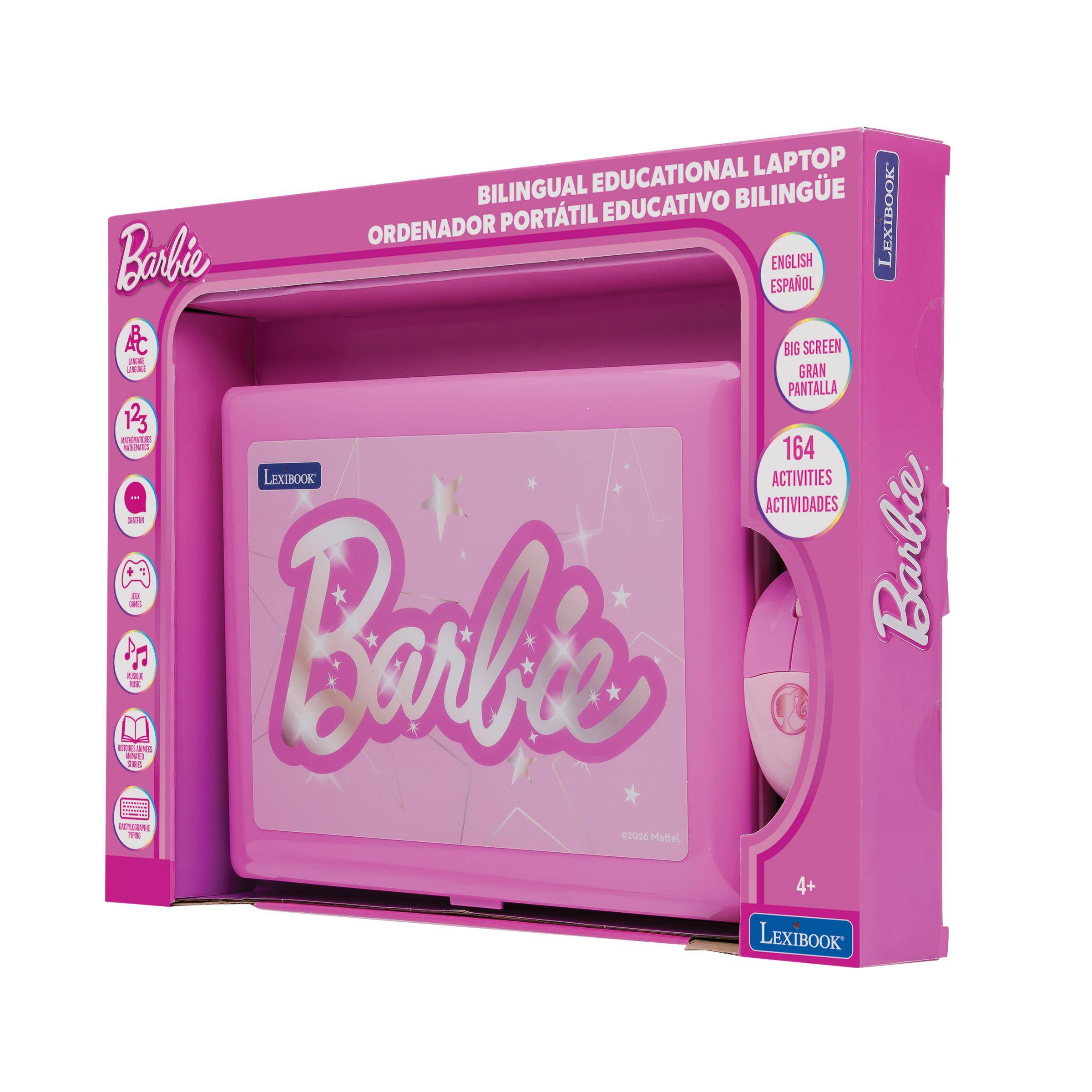 EDUCATIONAL LAPTOP BILINGUAL EDUCATIVO BILINGUE Bab ORDENADOR PORTATIL ESPAÑOL ENGLISH LEXIBOOK A BIG SCREEN UNGAE UNGAGE GRAN PANTALLA 143 MARATOLE WATERNOS 164 LEXIBOOK ACTIVITIES ACTIVIDADES CAKE NSOE II Pals Barbie ASTOME NET BM FORE BICTURIPIEVE 196 2026 Mattel. 4+ LEXIBOOK