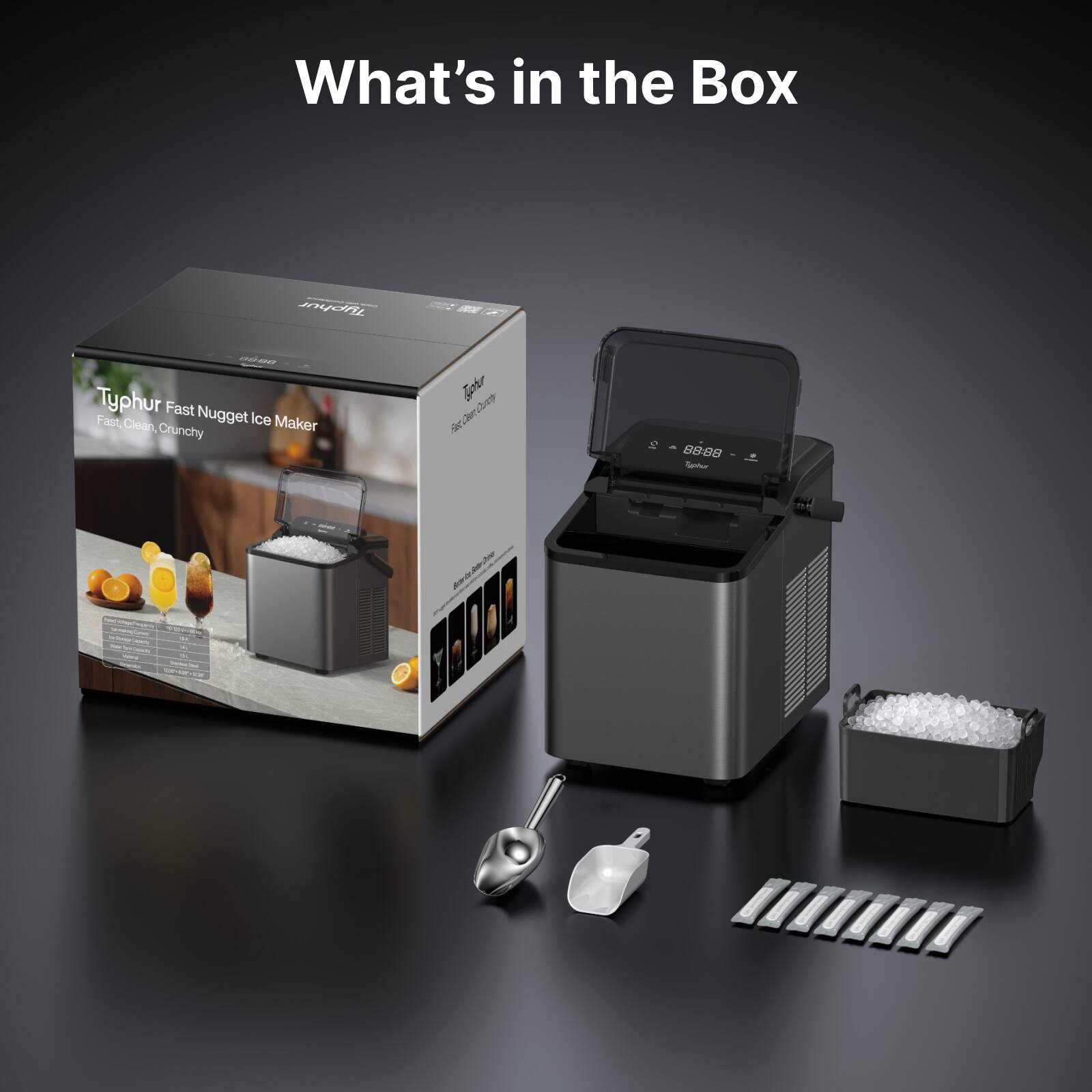 What's in the Box

Typhur Fast Nugget Ice Maker

Fast, Clean, Crunchy