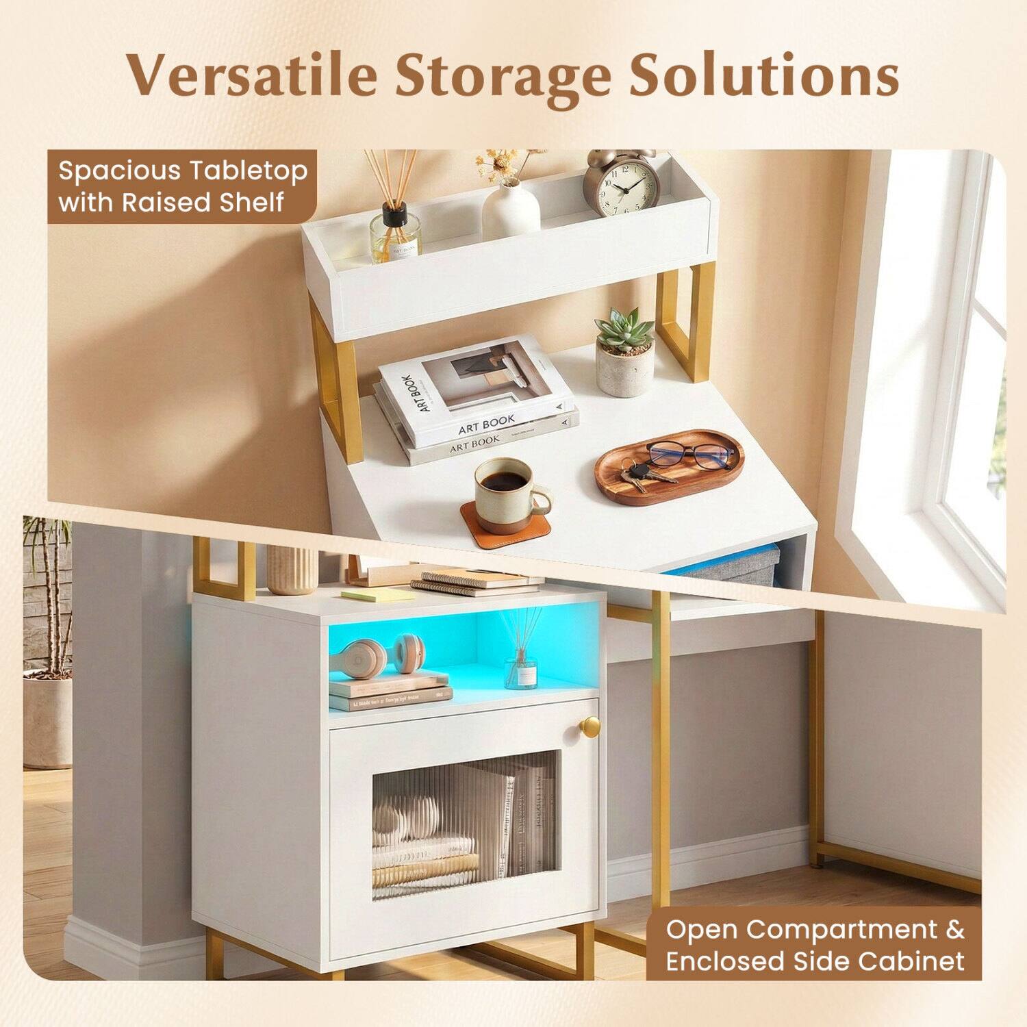 Versatile Storage Solutions

Spacious Tabletop with Raised Shelf

11 X 4 - i
on 6
:
BOOK ART
ART BOOK ART BOOK

Open Compartment & Enclosed Side Cabinet