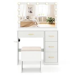 Gymax - Vanity Desk with Mirror & Lights Dressing Table w/ Storage Stool Makeup Table - White