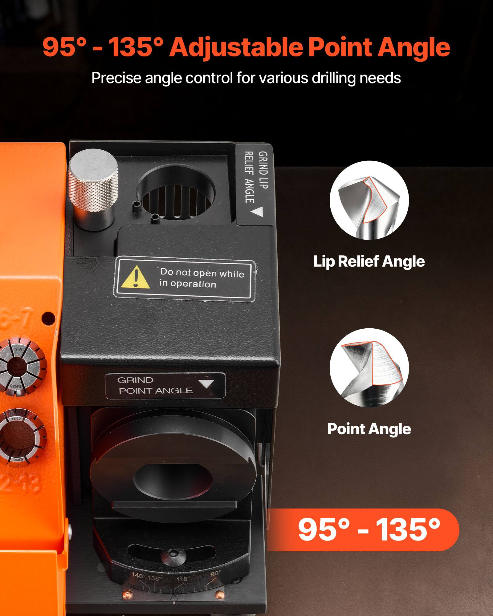 95° - 135° Adjustable Point Angle  
Precise angle control for various drilling needs  

RELIEF GRIND LIP ANGLE  
Do not open while in operation  

Lip Relief Angle  
Point Angle  

95° - 135°
