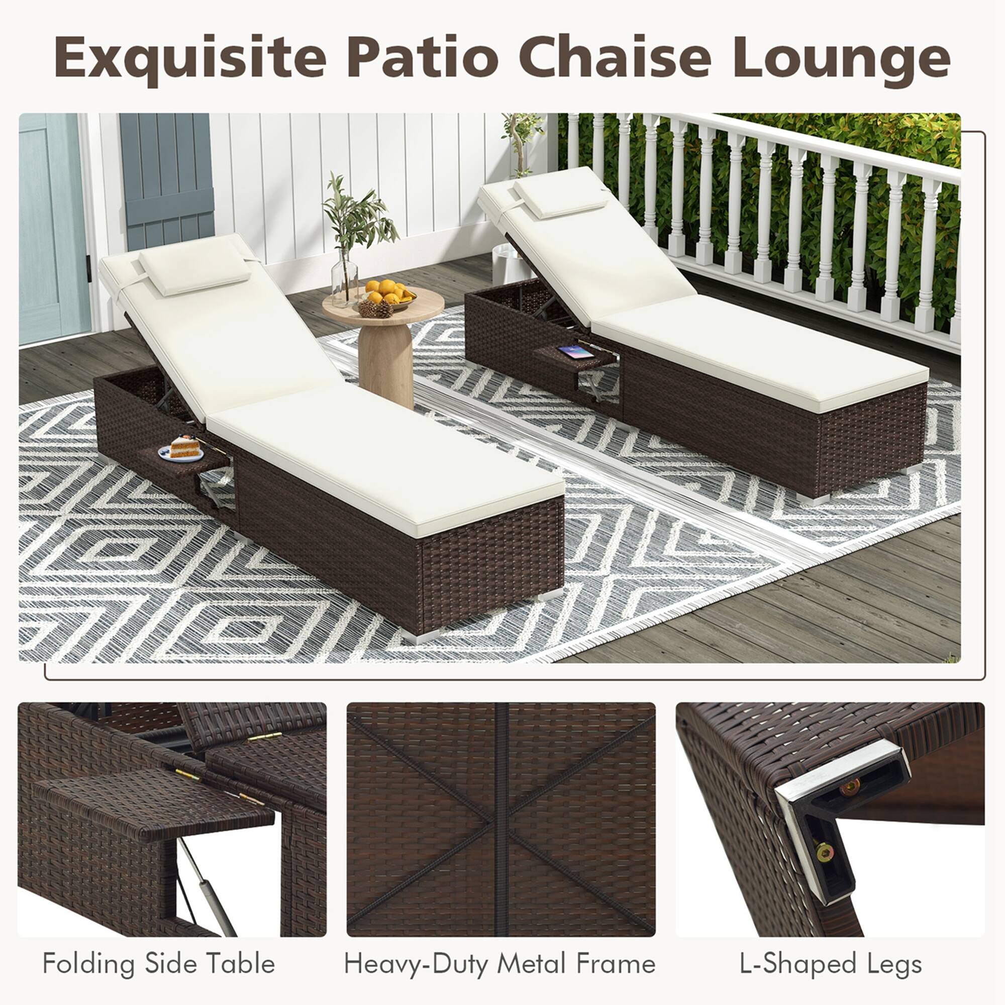 Exquisite Patio Chaise Lounge Folding Side Table Heavy-Duty Metal Frame L-Shaped Legs