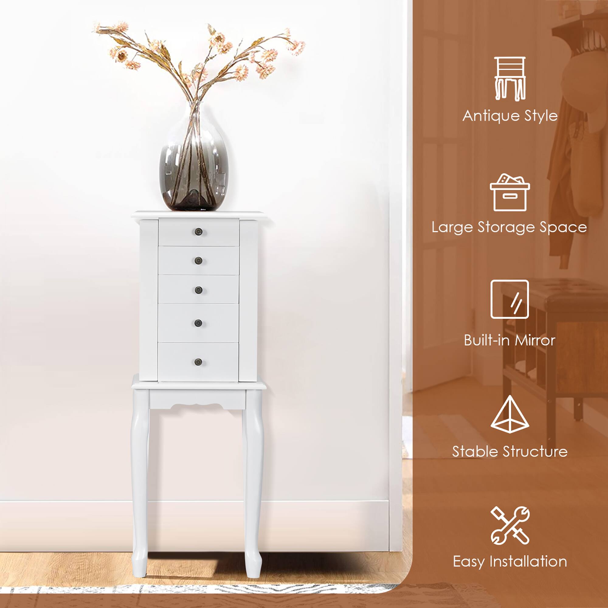 The text on the image reads: "Antique Style, Large Storage Space, Built-in Mirror, Stable Structure, Easy Installation."