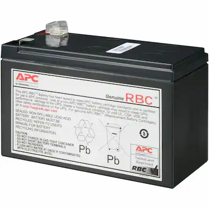 APC by Schneider Electric
Genuine RBC™
This APC RBC™ Battery has been tested to meet APC battery cartridge standards and is certified for use in APC products. Use of a non-APC RBC™ battery cartridge may result in lower UPS performance, damage to the UPS, or void UL, CSA, VDE and other safety certifications. For hazardous conditions, a non-APC RBC™ battery cartridge may result in lower UPS performance, damage to the UPS, or void UL, CSA, VDE and other safety certifications. For genuine APC RBC™ battery cartridges, go to http://upgrade.apc.com.
SEALED, NON-SPILLABLE LEAD ACID BATTERY
RECYCLED BATTERY MUST BE RECYCLED FOR BATTERY RECYCLING INFORMATION.
CAUTION:
- DO NOT CHARGE IN GAS TIGHT CONTAINER
- DO NOT SHORT BATTERY TERMINALS
- DO NOT INCINERATE
- FLUSH WITH WATER AT ONCE IF CONTAMINATED WITH ELECTROLYTE (ACID)
Pb Pb
APC by Schneider Electric
Tested and Approved RBC™
5