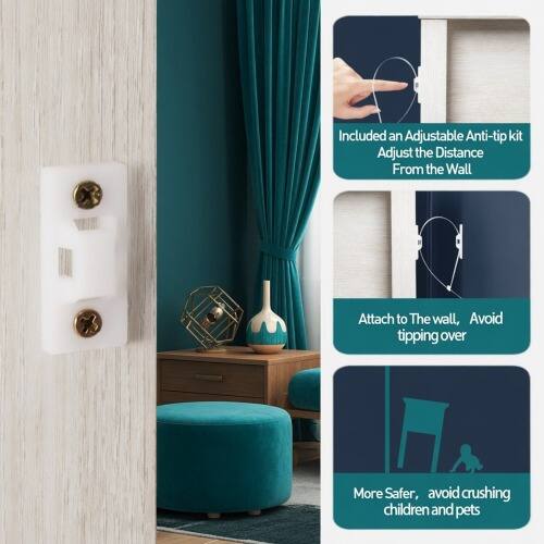 Included an Adjustable Anti-tip kit. Adjust the Distance From the Wall. Attach to The wall, Avoid tipping over. More Safer, avoid crushing children and pets.