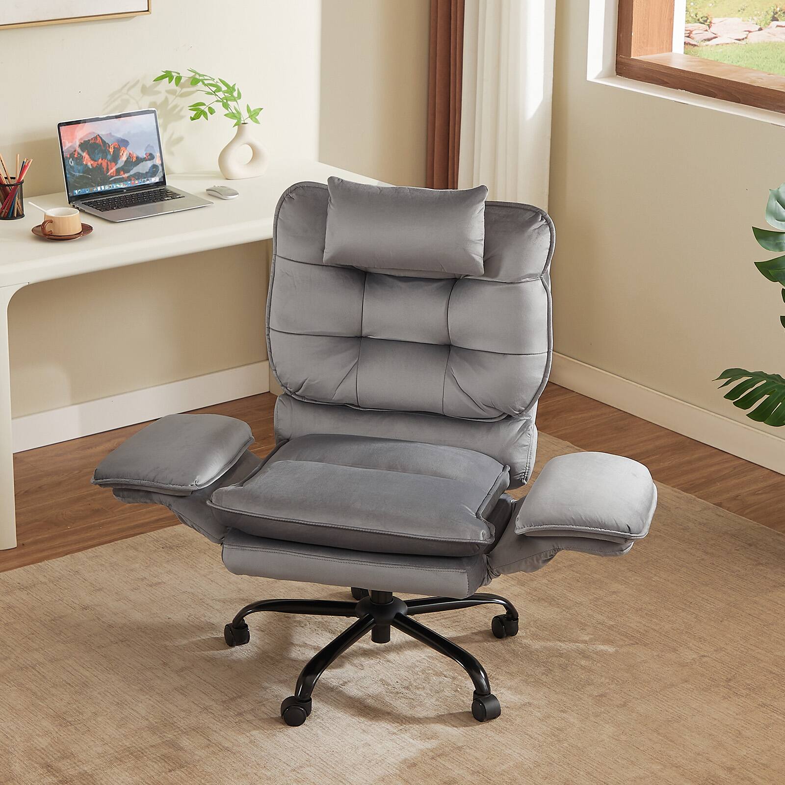 Left. Bestier - Office Cross-Legged Chair with Ergonomic Headrest, Flip-up Armrest & Adjustable Backrset for Home Office - Grey.