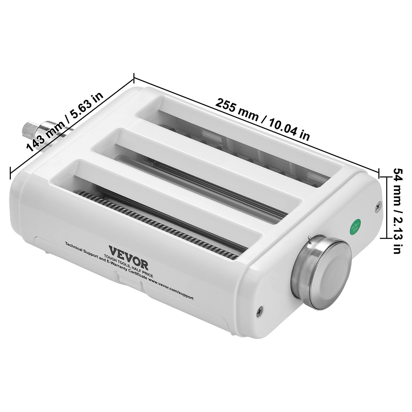 - 143 mm / 5.63 in
- 255 mm / 10.04 in
- 54 mm / 2.13 in

VEVOR  
Technical Support and E-Warranty Certificate  
www.vevor.com/support