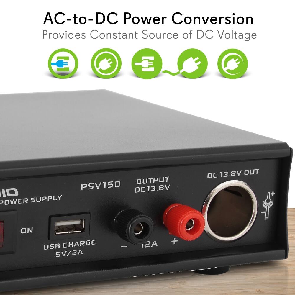 AC-to-DC Power Conversion  
Provides Constant Source of DC Voltage  

PSV150  
DC 13.8V OUT  
USB CHARGE 5V/2A  

OUTPUT DC 13.8V  
2A