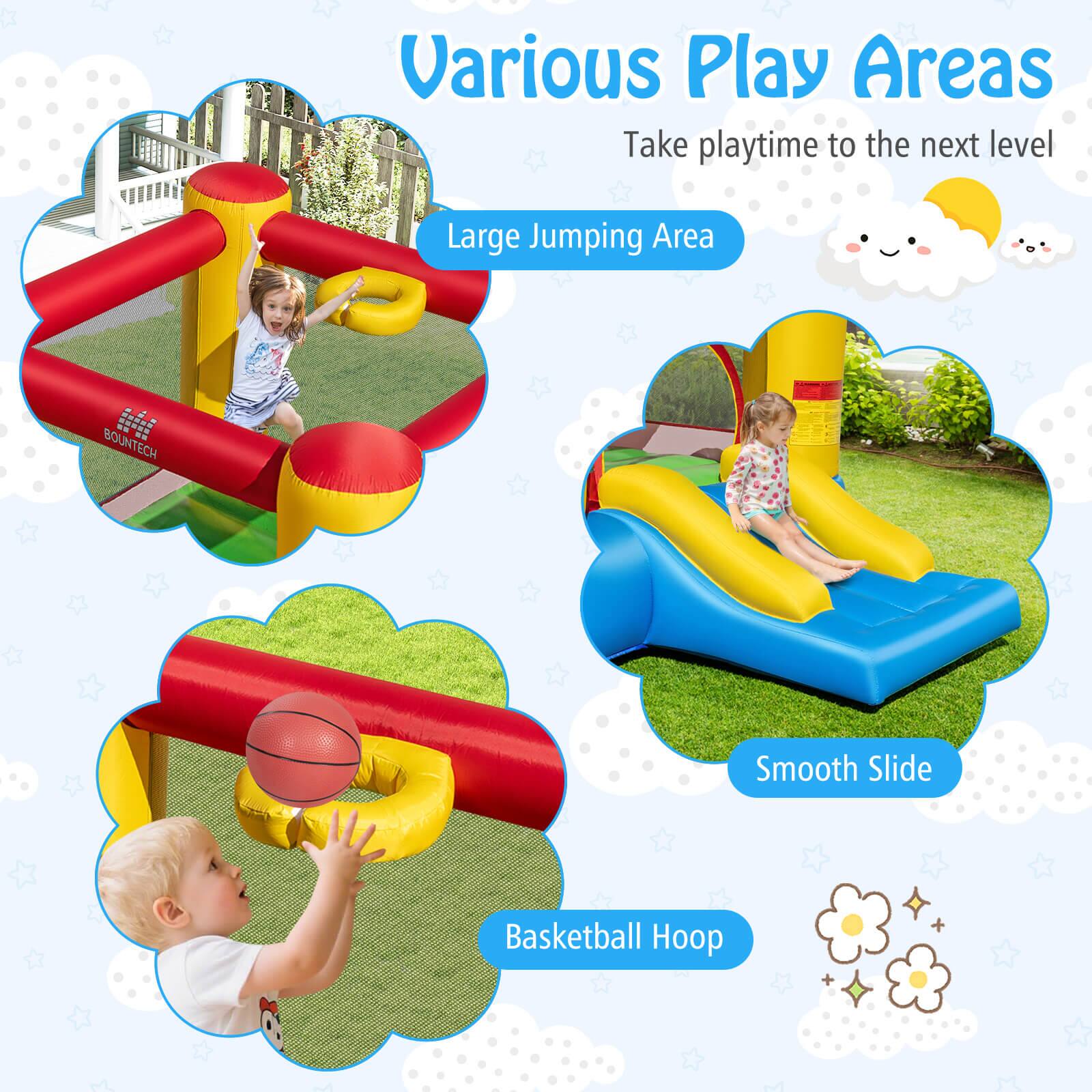 Various Play Areas  
Take playtime to the next level  

- Large Jumping Area  
- Smooth Slide  
- Basketball Hoop