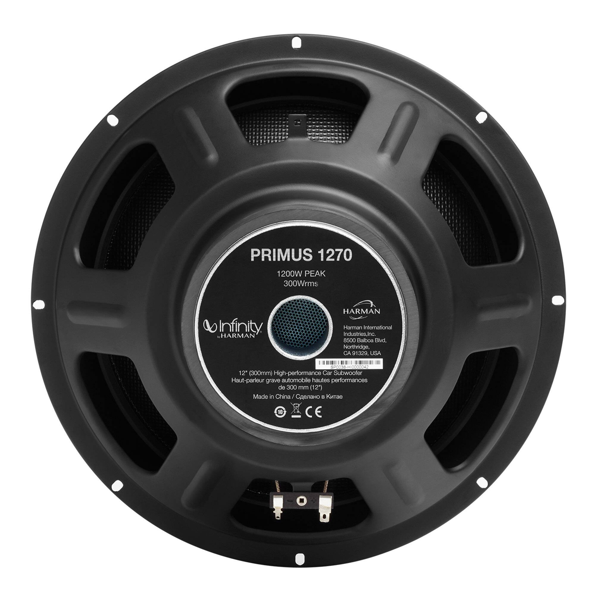 PRIMUS 1270  
1200W PEAK  
300Wrms  
HARMAN  
Infinity  
Harman International  
HARMAN Industries, Inc.  
8500 Balboa Blvd.  
Northridge, CA 91329 USA  

12" (100mm) High-performance Car Subwoofer  
Haut-parleur grave automobile hautes performances de 300 mm (12")  
Made in China  
CE