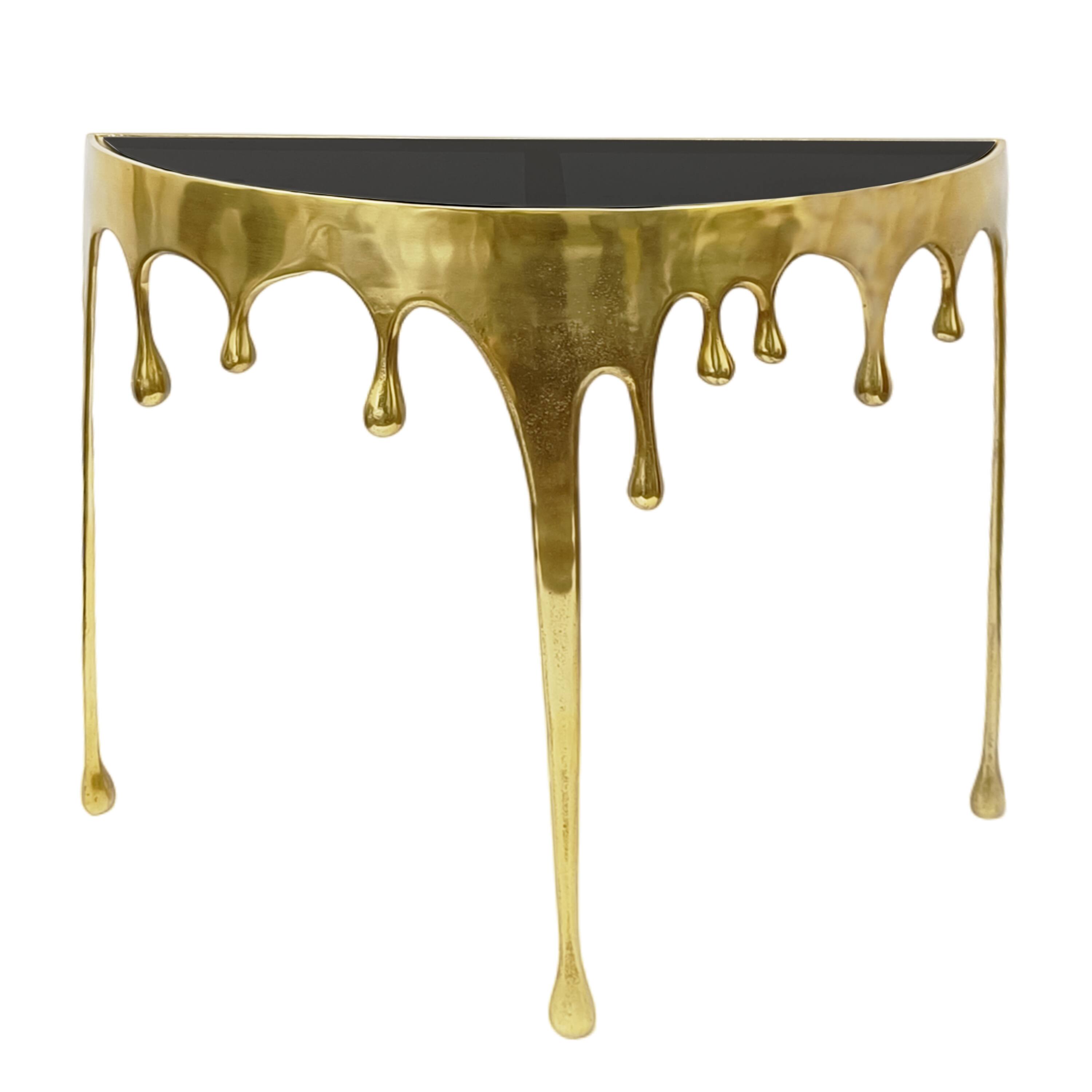 Alt View 2. Manhattan Lane - Capri Sofa Console Table | 36.25" Half Moon Glass Top | Melting Drip Design | Aluminum Cast - Gold, Black.