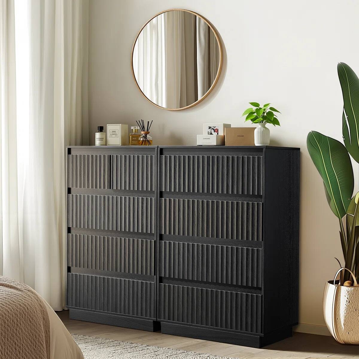 Left. Koligey - 5-Drawer Dresser 27.5"W Single Dresser With Waveform Fluted Panel - black.
