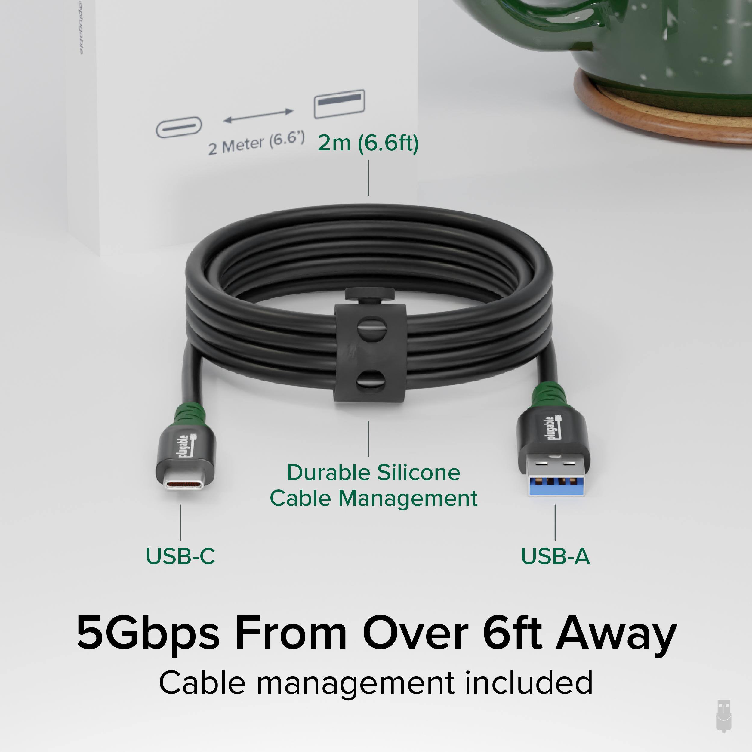 2 Meter (6.6') 2m (6.6ft) Durable Silicone Cable Management USB-C USB-A 5Gbps From Over 6ft Away Cable management included