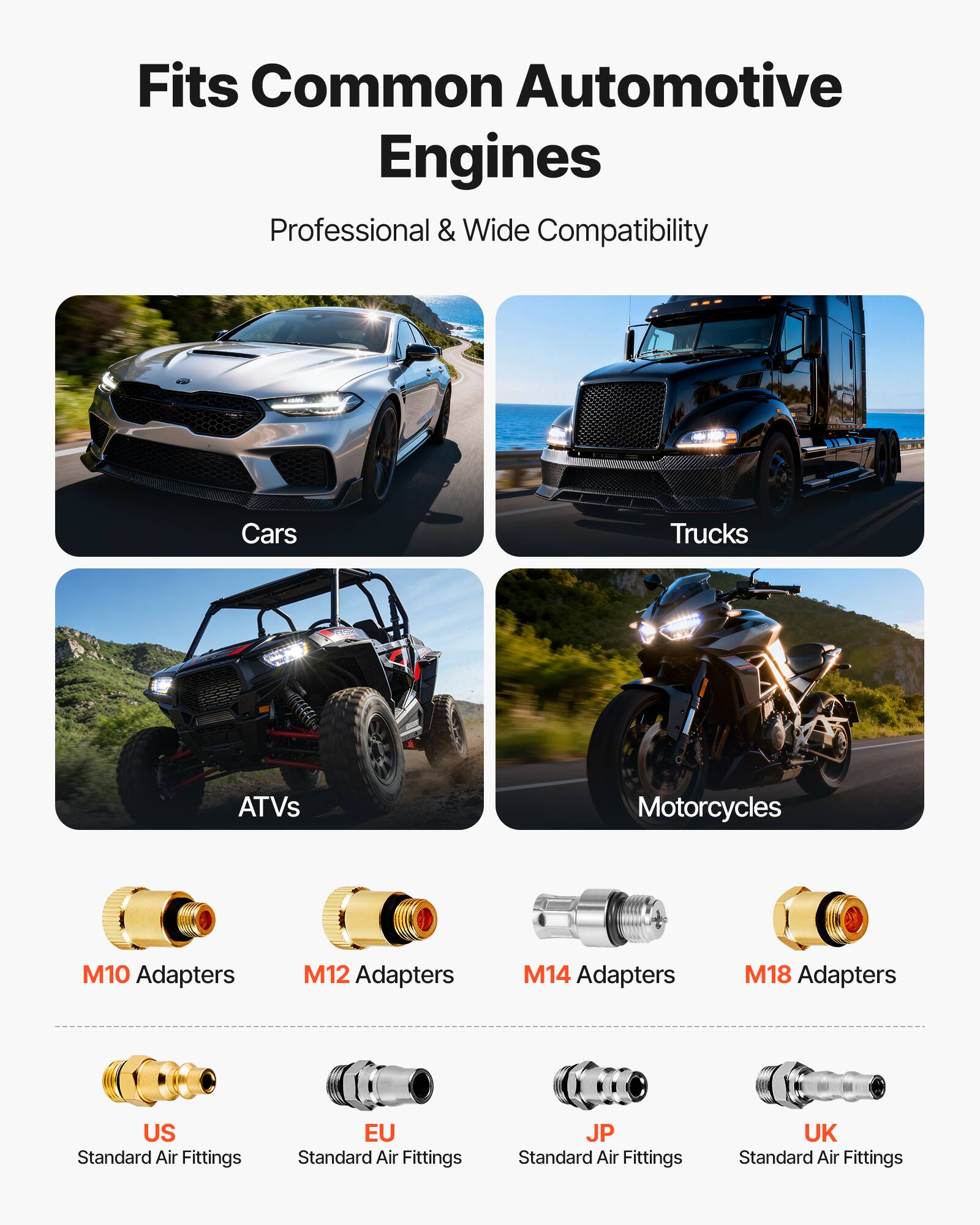 Fits Common Automotive Engines  
Professional & Wide Compatibility  

Cars  
Trucks  
ATVs  
Motorcycles  

M10 Adapters  
M12 Adapters  
M14 Adapters  
M18 Adapters  

US Standard Air Fittings  
EU Standard Air Fittings  
JP Standard Air Fittings  
UK Standard Air Fittings